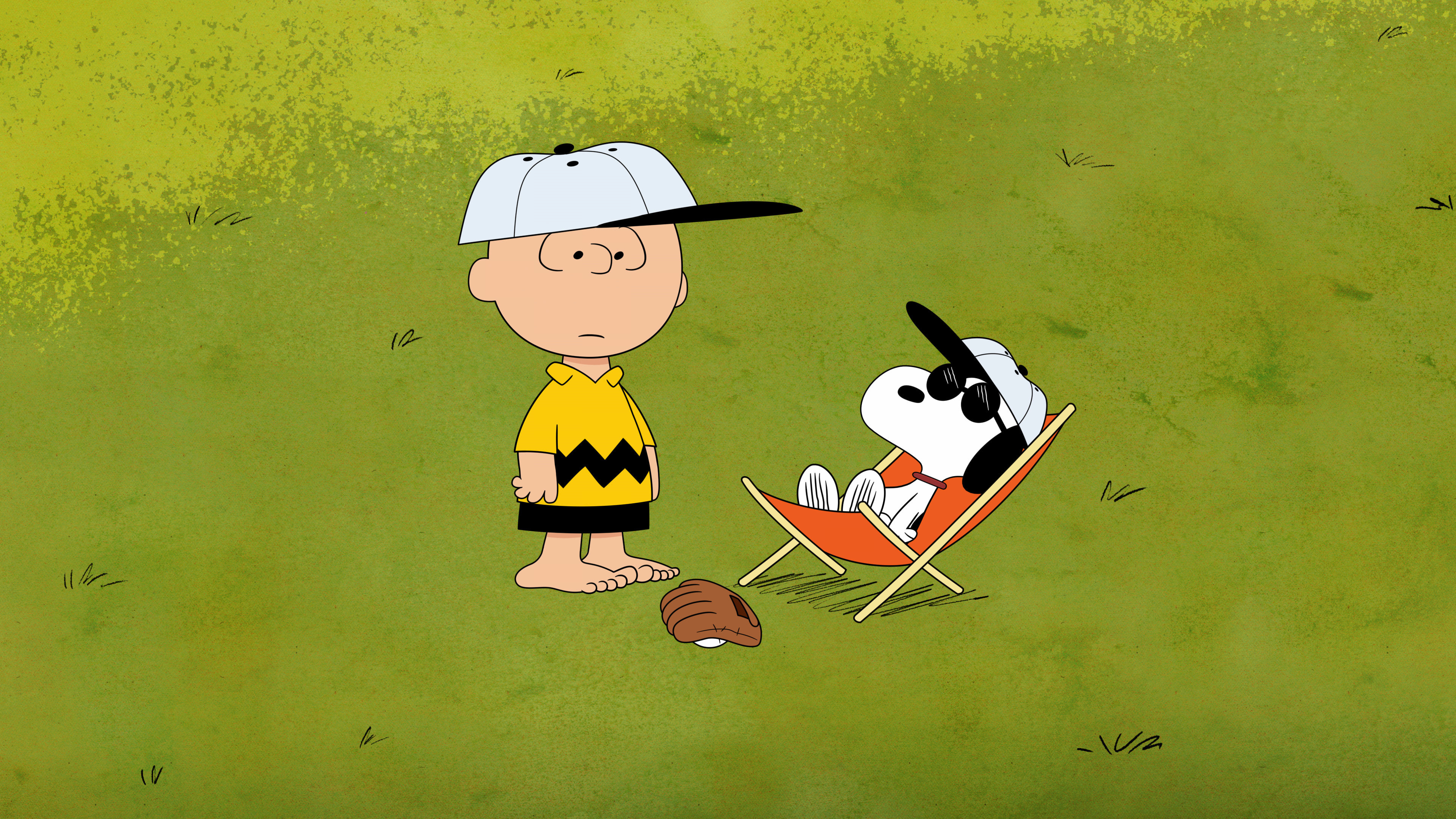 Charlie Brown, Snoopy in sunglasses, baseball glove and ball, 4K Desktop wallpaper