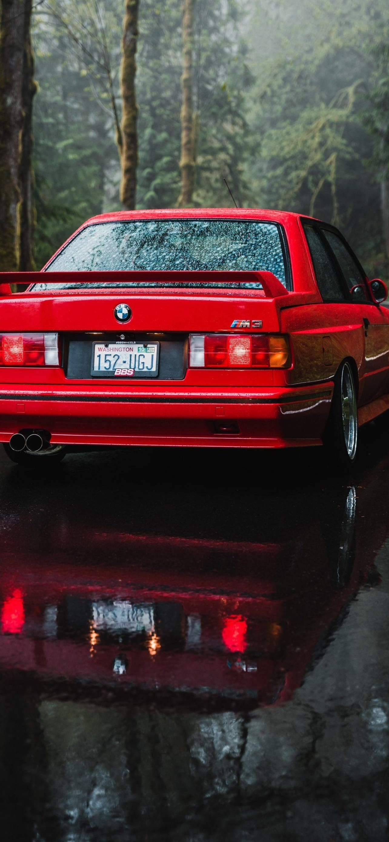 red BMW E30 M3, Washington 152-UGJ license plate, rainy forest puddle reflection, HD Phone wallpaper