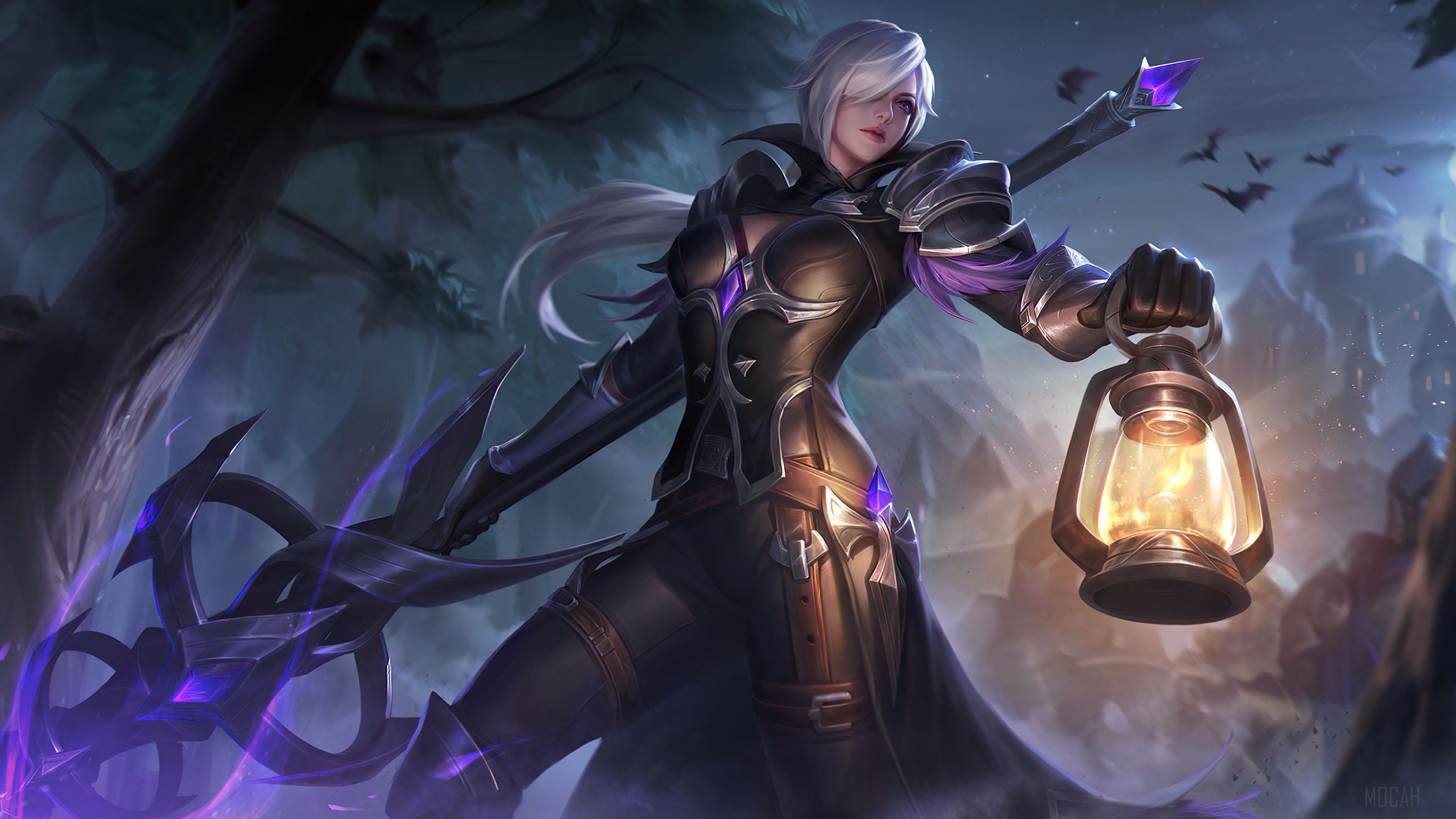 Silvanna Midnight Justice, Glowing kerosene lantern, Dark gothic forest, 4K Desktop wallpaper