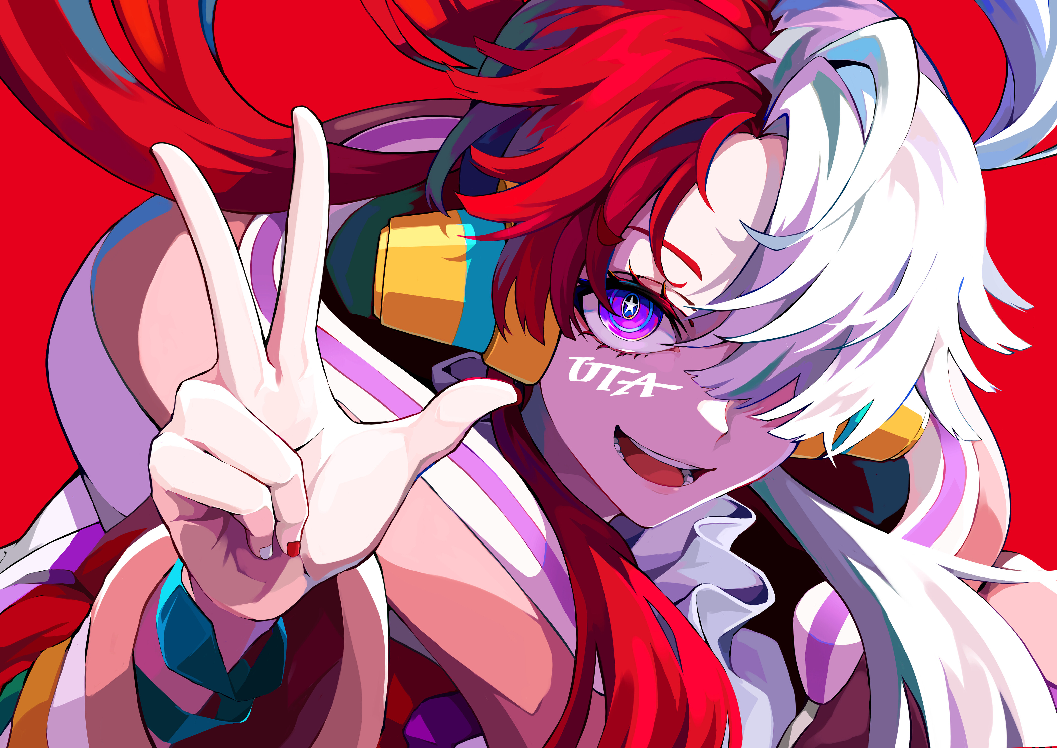Uta, One Piece Film Red, Red and white hair, Headphones, Peace sign, 4K Desktop wallpaper