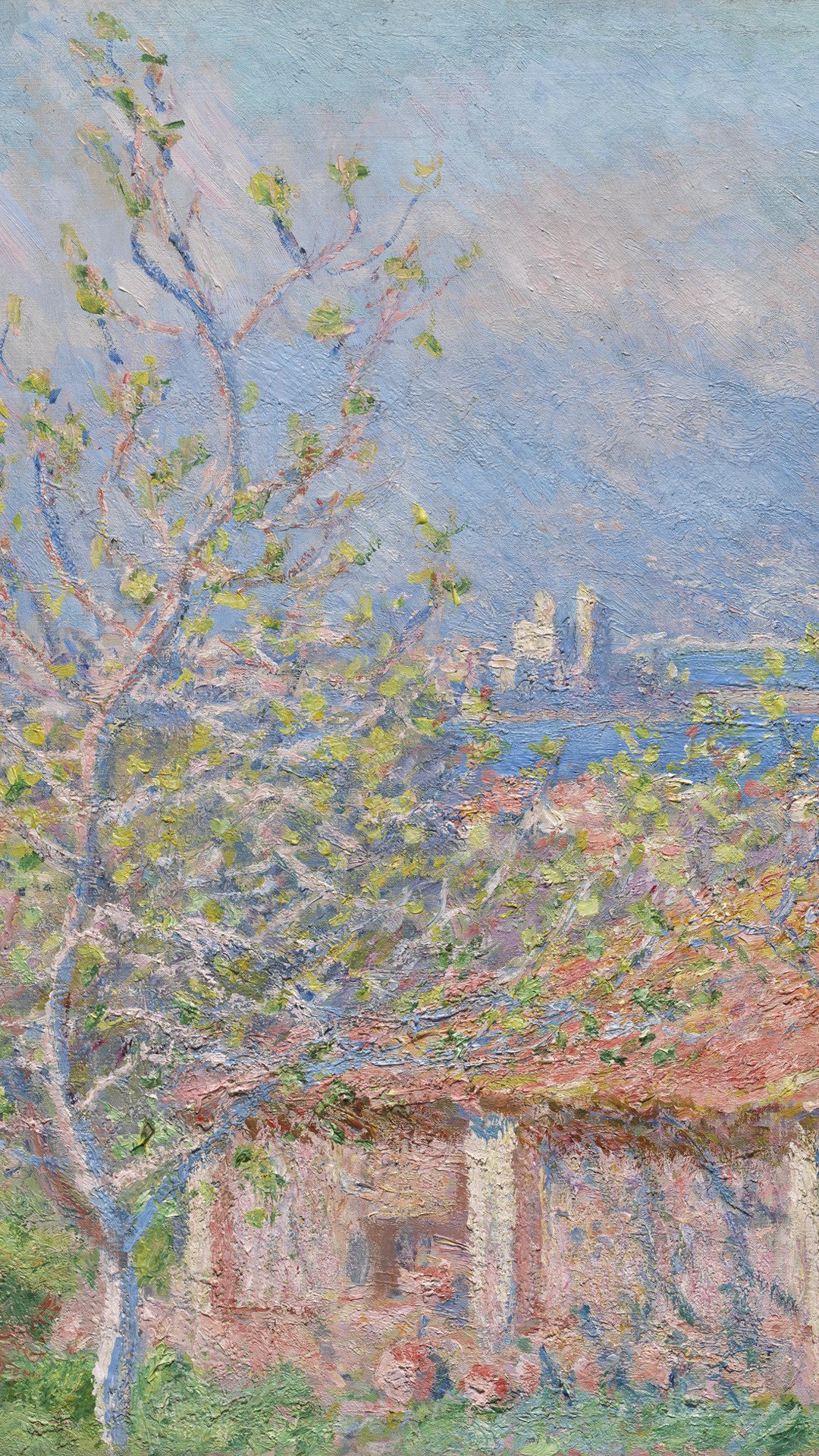 The Gardener's House at Antibes, Antibes distant skyline, Impressionist blossoming tree, Full HD Phone wallpaper