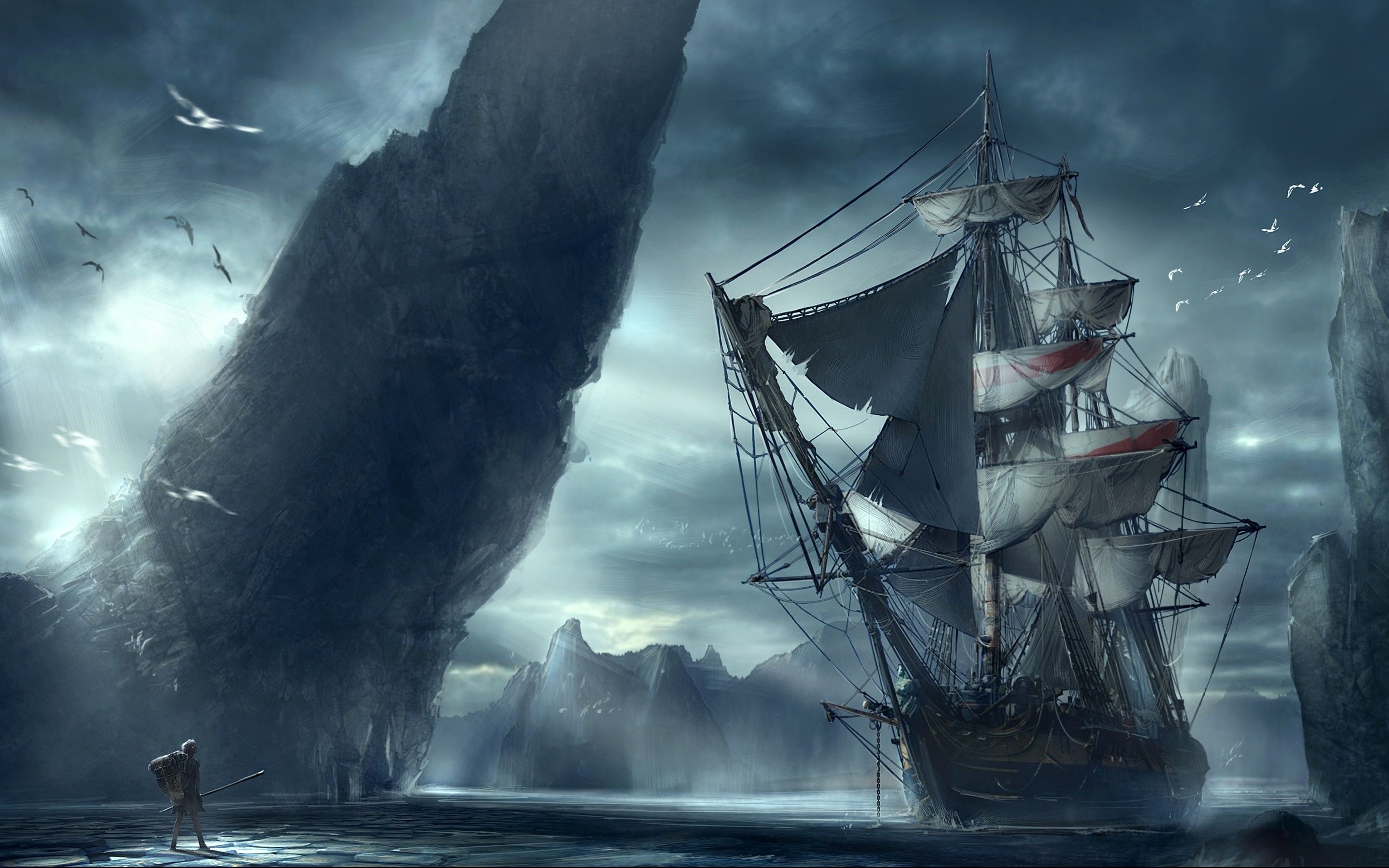 Galleon with tattered sails, Lone traveler on shore, Towering sea rock monolith, HD Desktop wallpaper