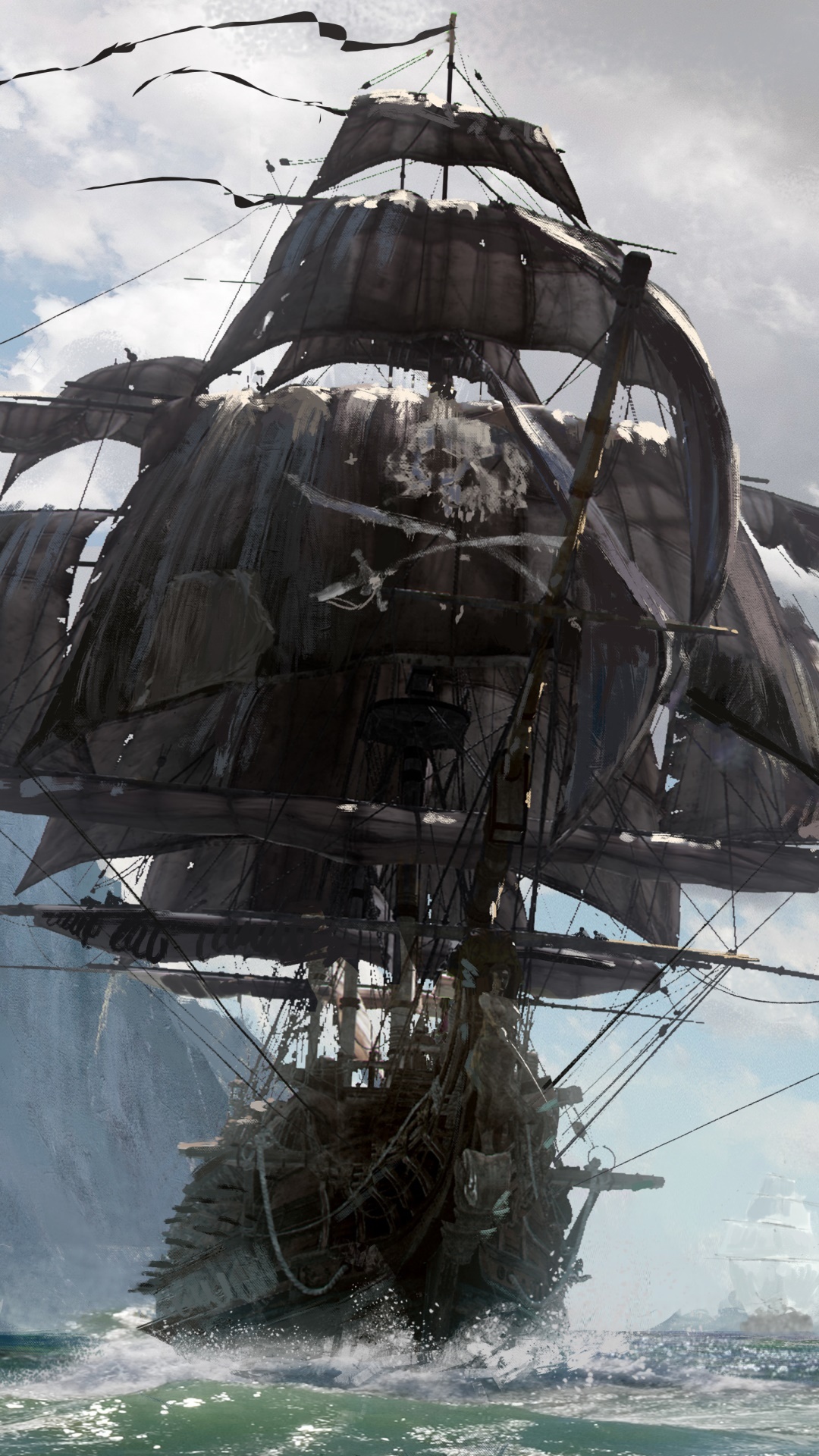 Black-sailed pirate galleon, Jolly Roger skull sail, Churning ocean waves, Full HD Phone wallpaper