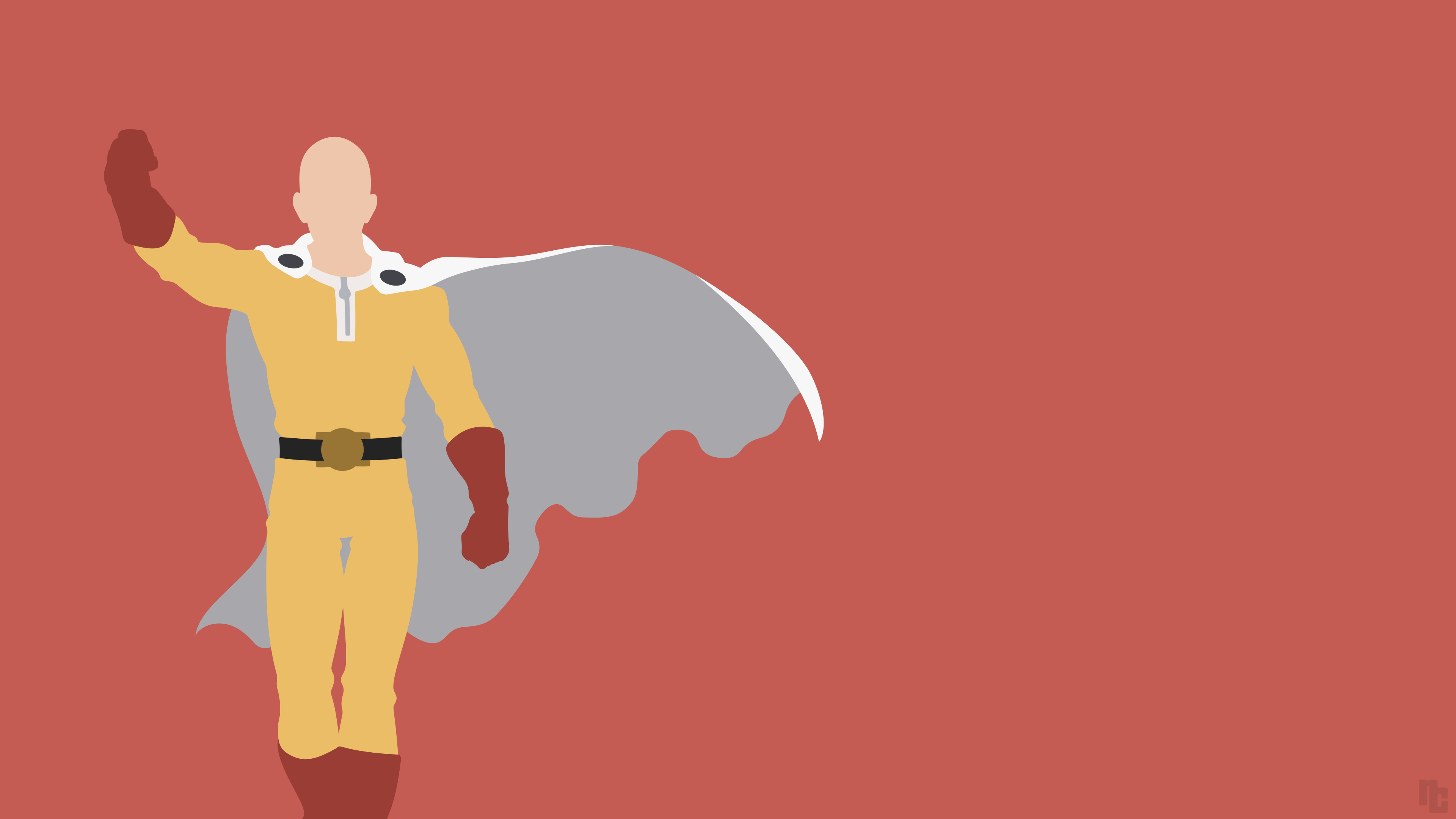 Saitama, Yellow superhero suit, Minimalist red background, 4K Desktop wallpaper