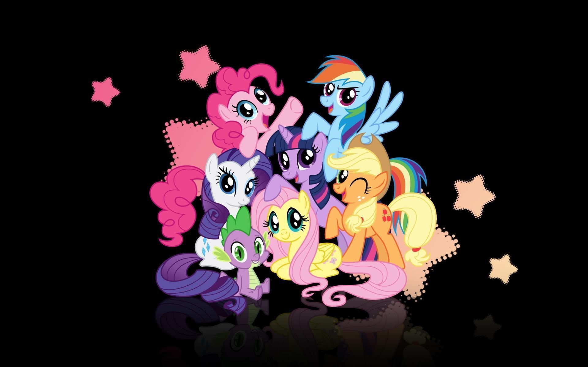 Mane Six group, Twilight Sparkle, Spike the Dragon, Rainbow Dash and Pinkie Pie, Black reflective surface, HD Desktop wallpaper