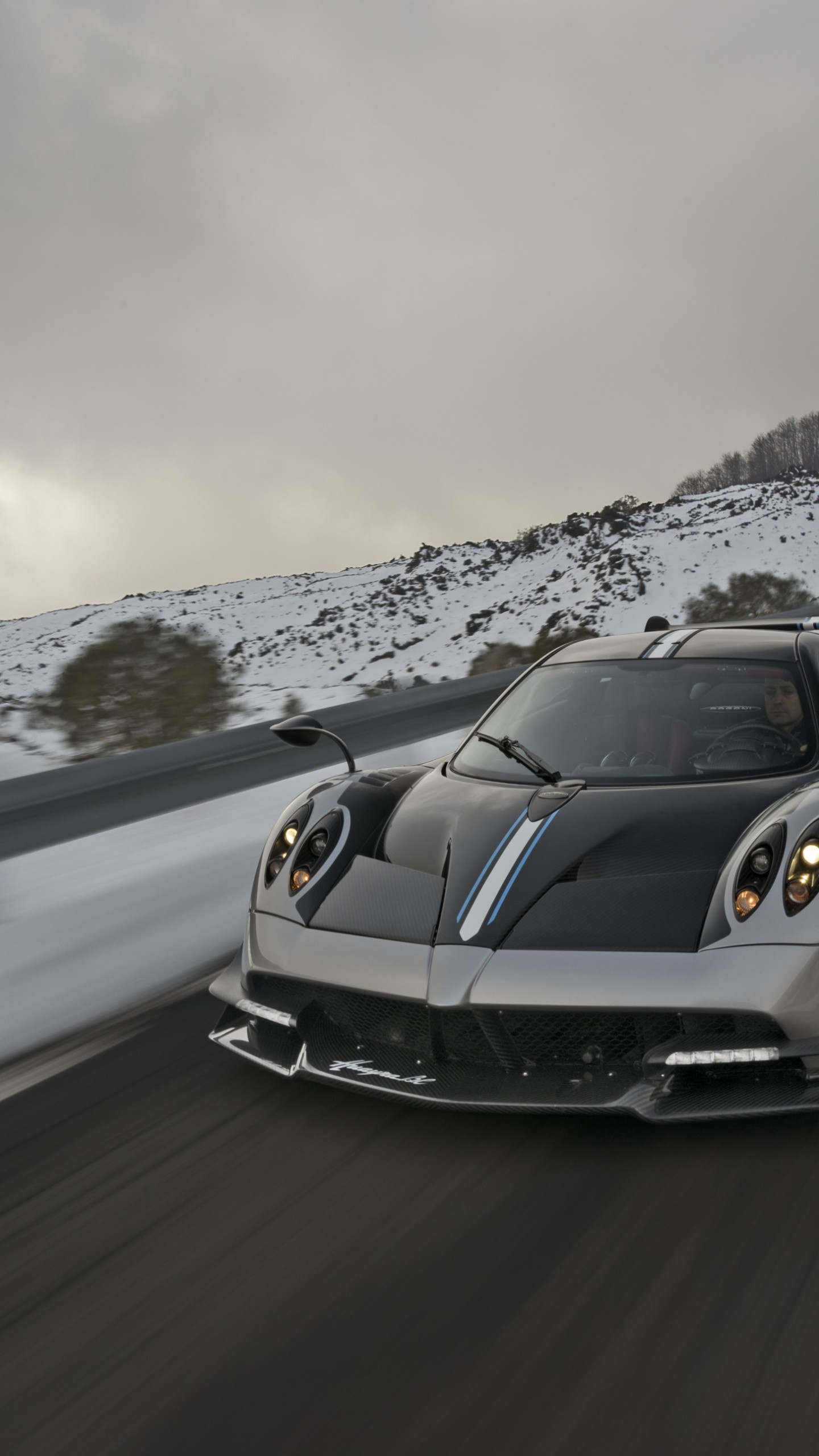 Pagani Huayra BC, Snow-covered mountain pass, Carbon fiber front splitter, HD Phone wallpaper