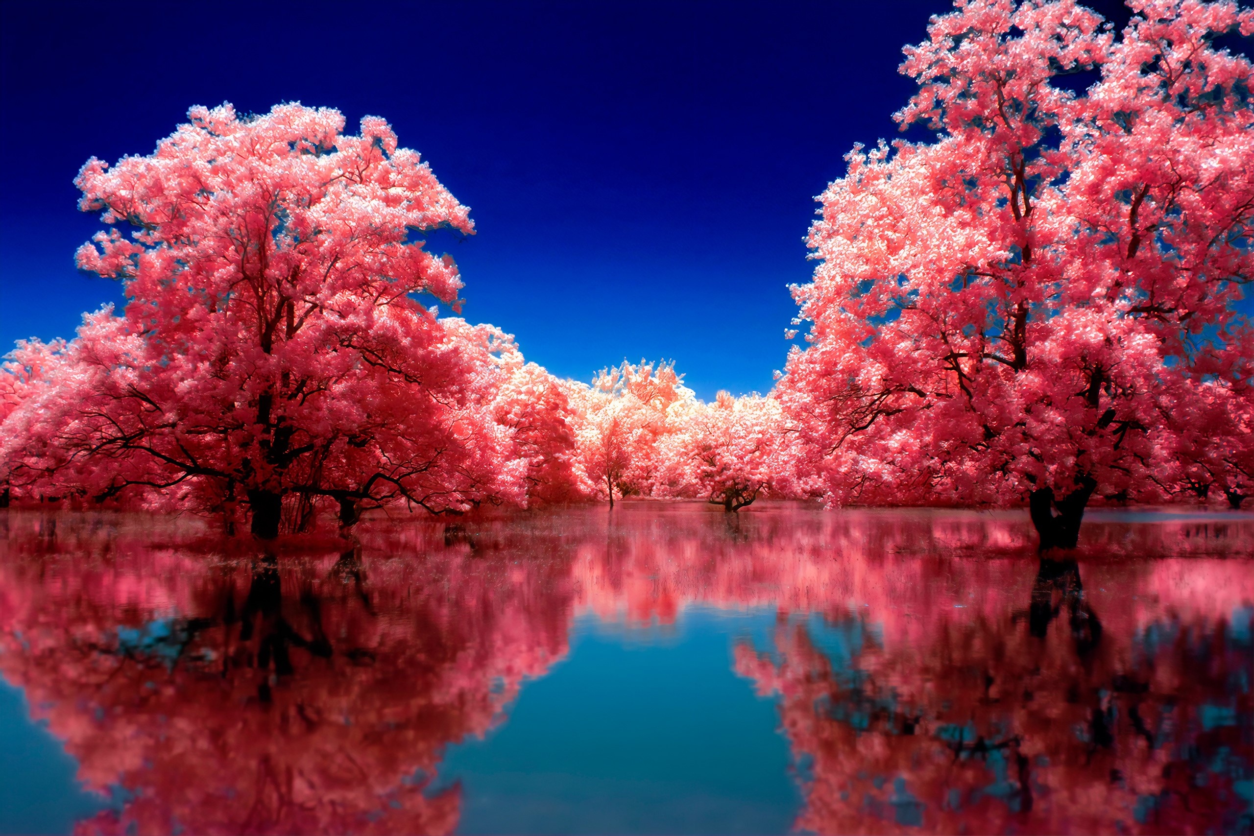 Infrared pink foliage trees, Flooded forest lake reflection, Clear deep blue sky, HD Desktop wallpaper