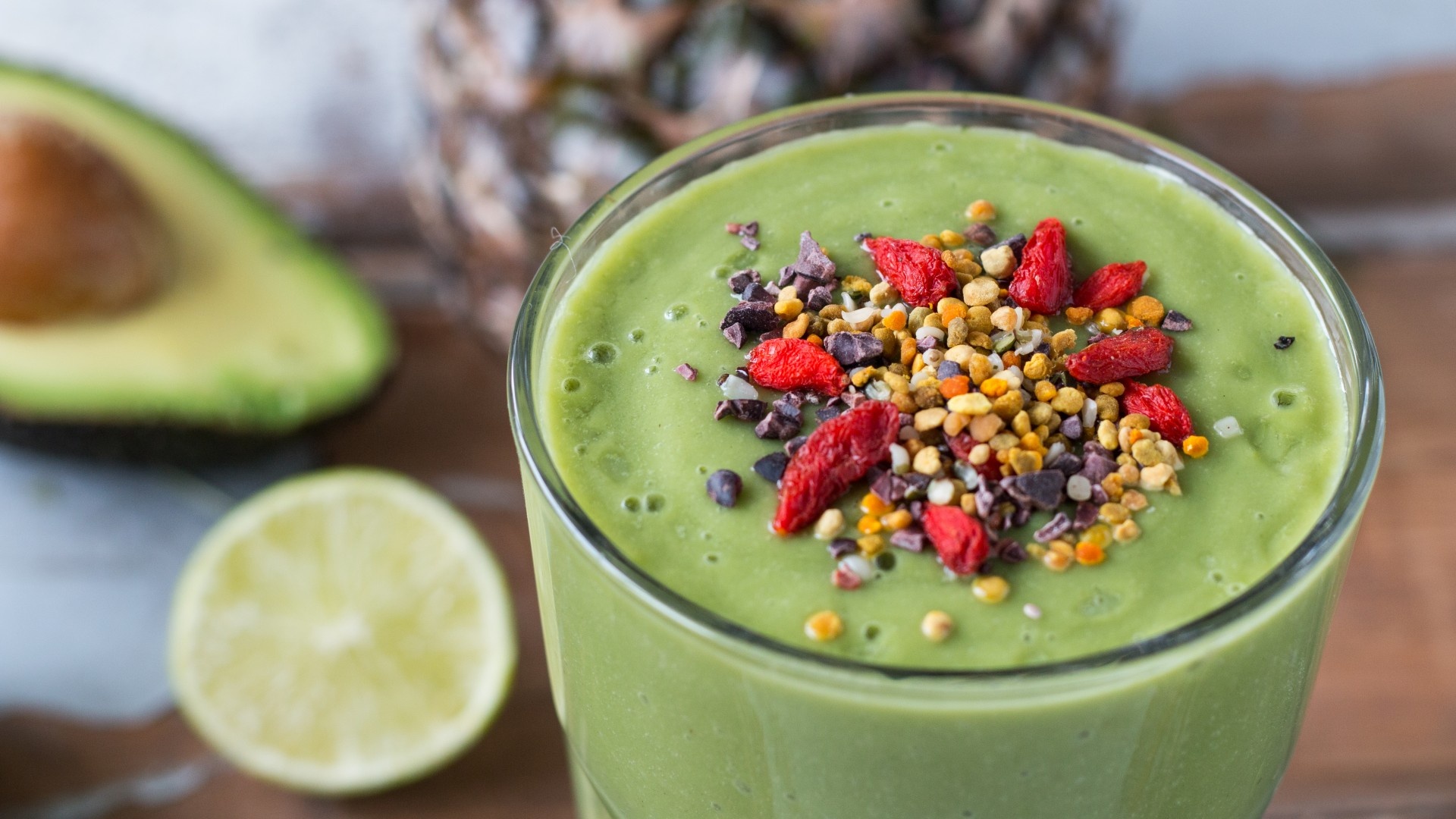 Smoothie wallpaper, Lime avocado pineapple goji berries, Nutty toppings, Nourishing beverage, 1920x1080 Full HD Desktop