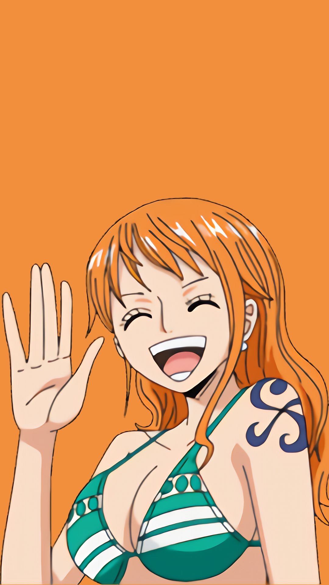 Nami, green striped bikini top, tangerine pinwheel tattoo, Full HD Phone wallpaper