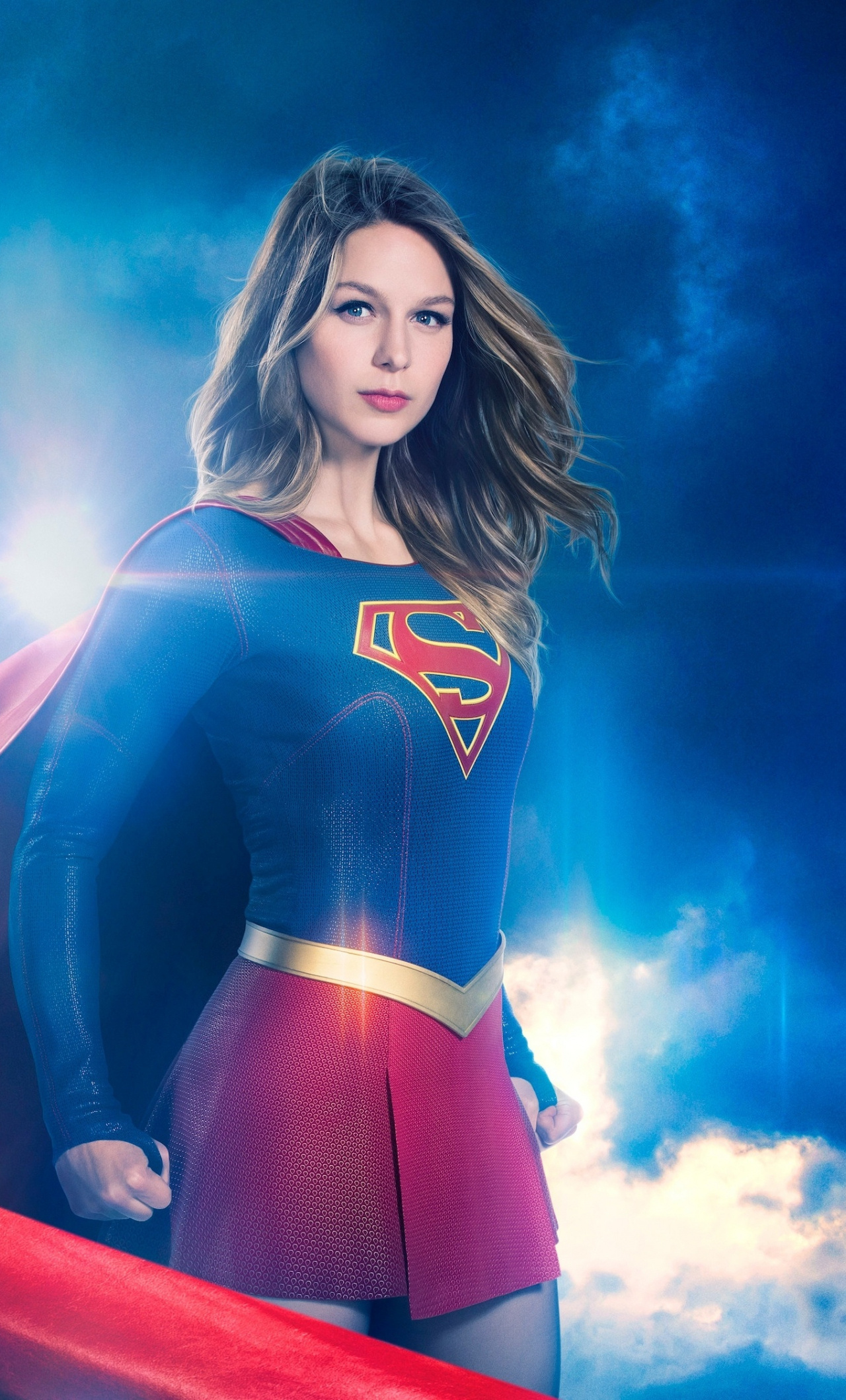 Melissa Benoist as Supergirl, House of El crest, Blue sky with clouds, HD Phone wallpaper