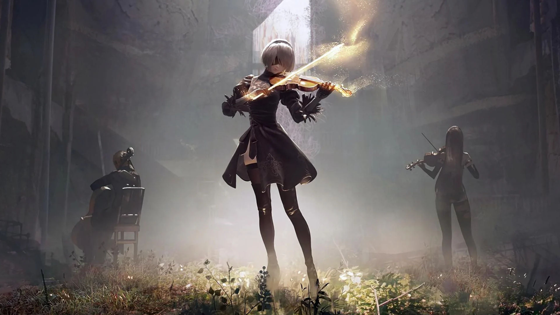 2B playing violin, 9S playing cello, A2 playing violin, Overgrown ruined hall, Full HD Desktop wallpaper