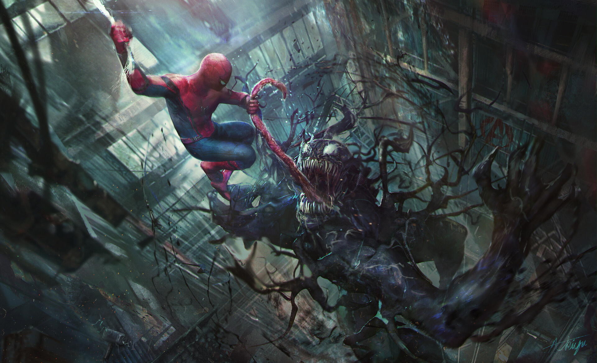 Spider-Man, Venom symbiote, Swirling black tendrils, HD Desktop wallpaper