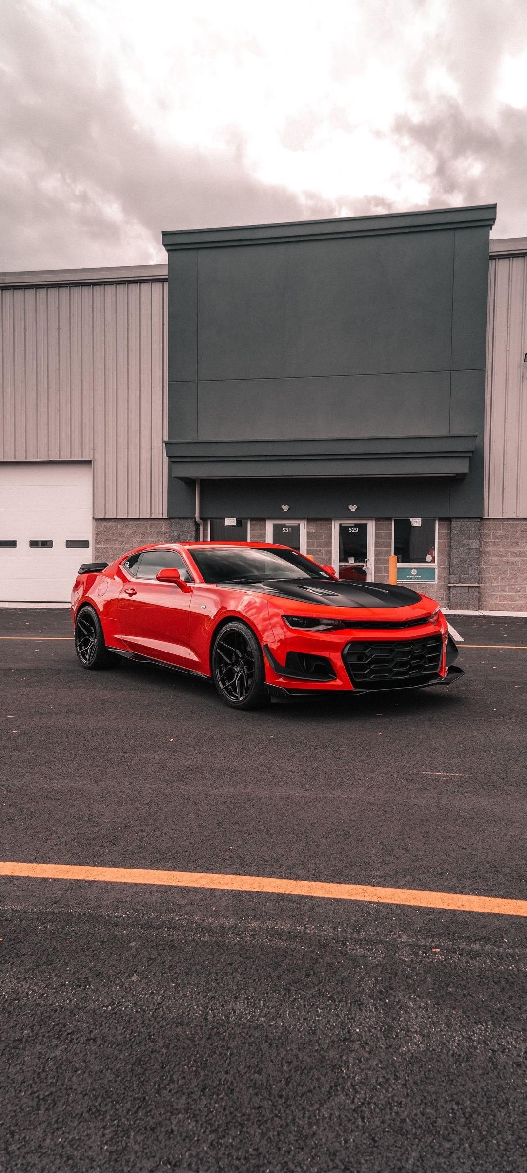 Chevrolet Camaro, asphalt parking lot, industrial warehouse building, HD Phone wallpaper