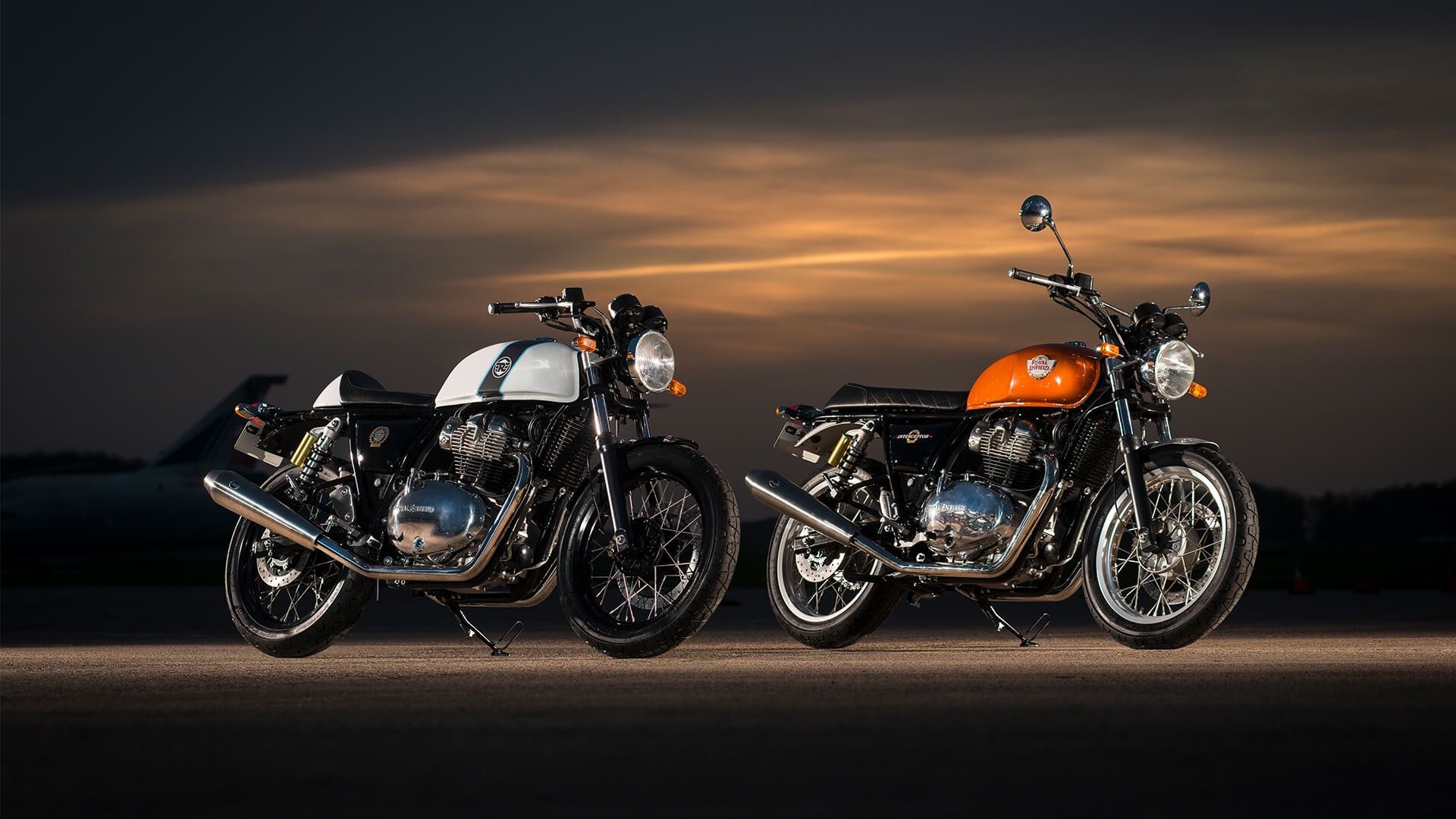 Royal Enfield Continental GT 650, Royal Enfield Interceptor 650, Sunset airfield runway, Full HD Desktop wallpaper