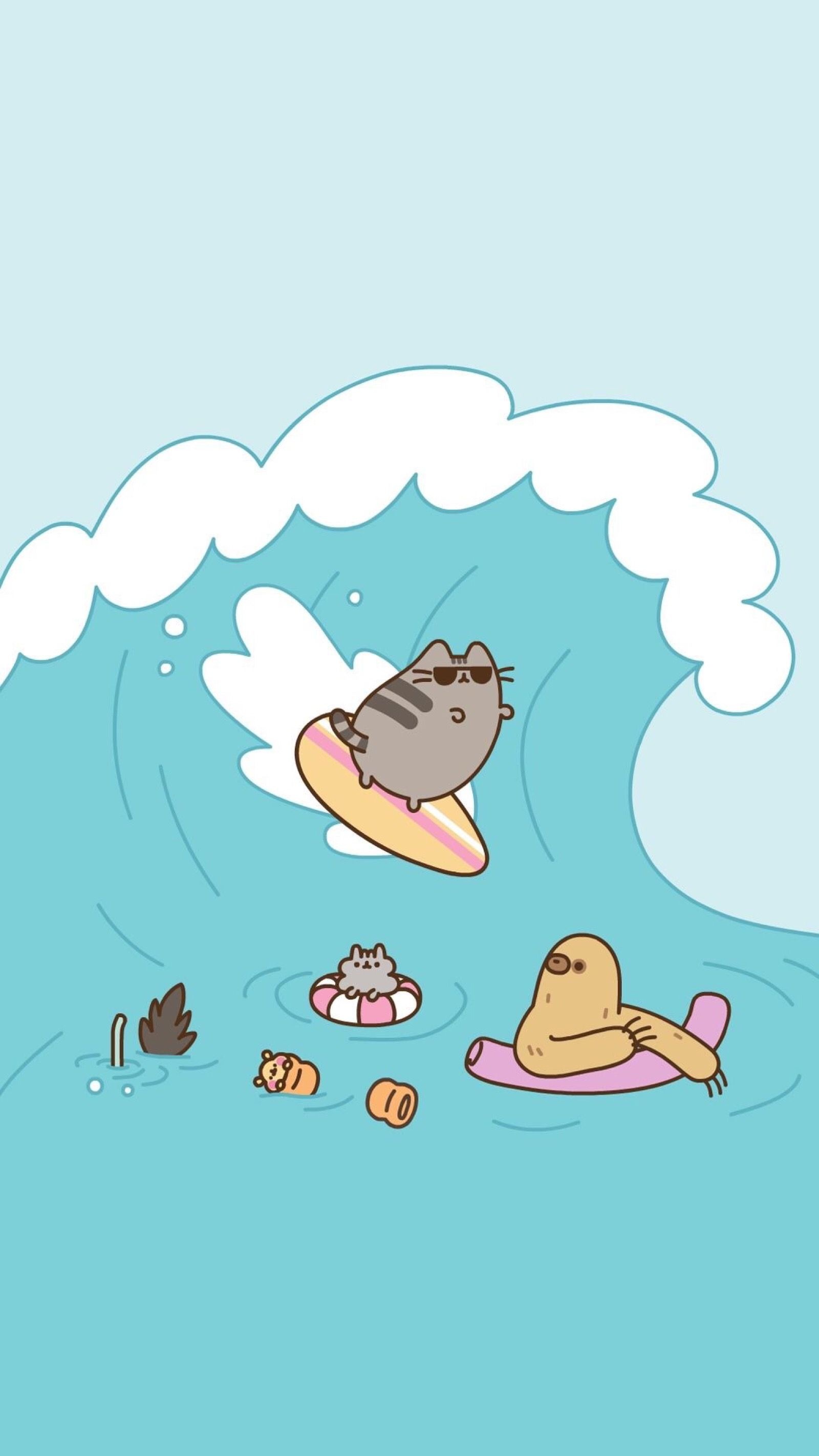 Pusheen surfing on surfboard, Sloth on pink float, Stormy in swim ring, Pastel cartoon ocean wave, HD Phone wallpaper