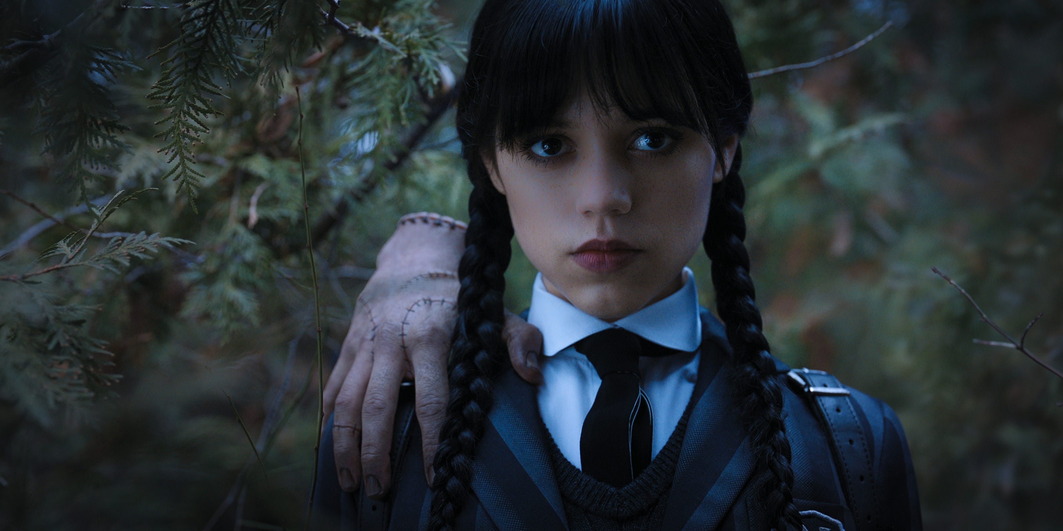 Wednesday Addams, Thing, Nevermore Academy uniform, Dual Screen Desktop wallpaper