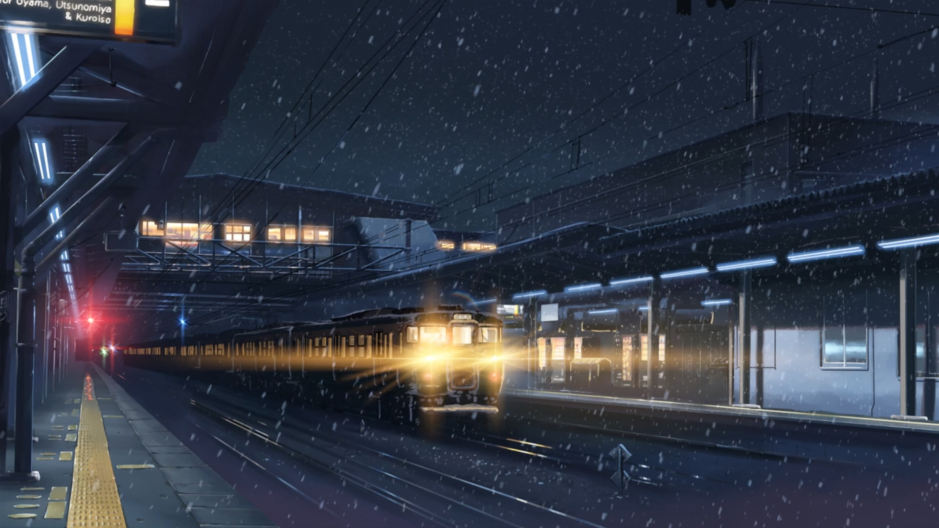 5 Centimeters per Second, Train headlights in snowfall, Snowy train station platform, Full HD Desktop wallpaper