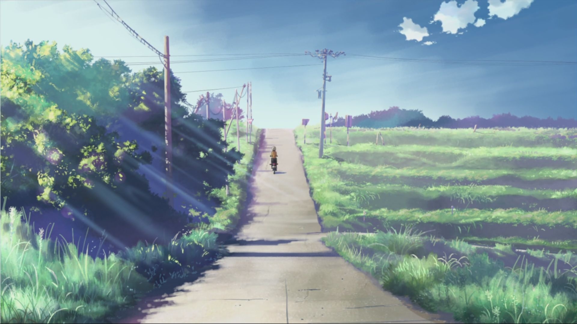 Kanae Sumida riding moped, Tanegashima rural road, Sunlit grassy meadow, Full HD Desktop wallpaper