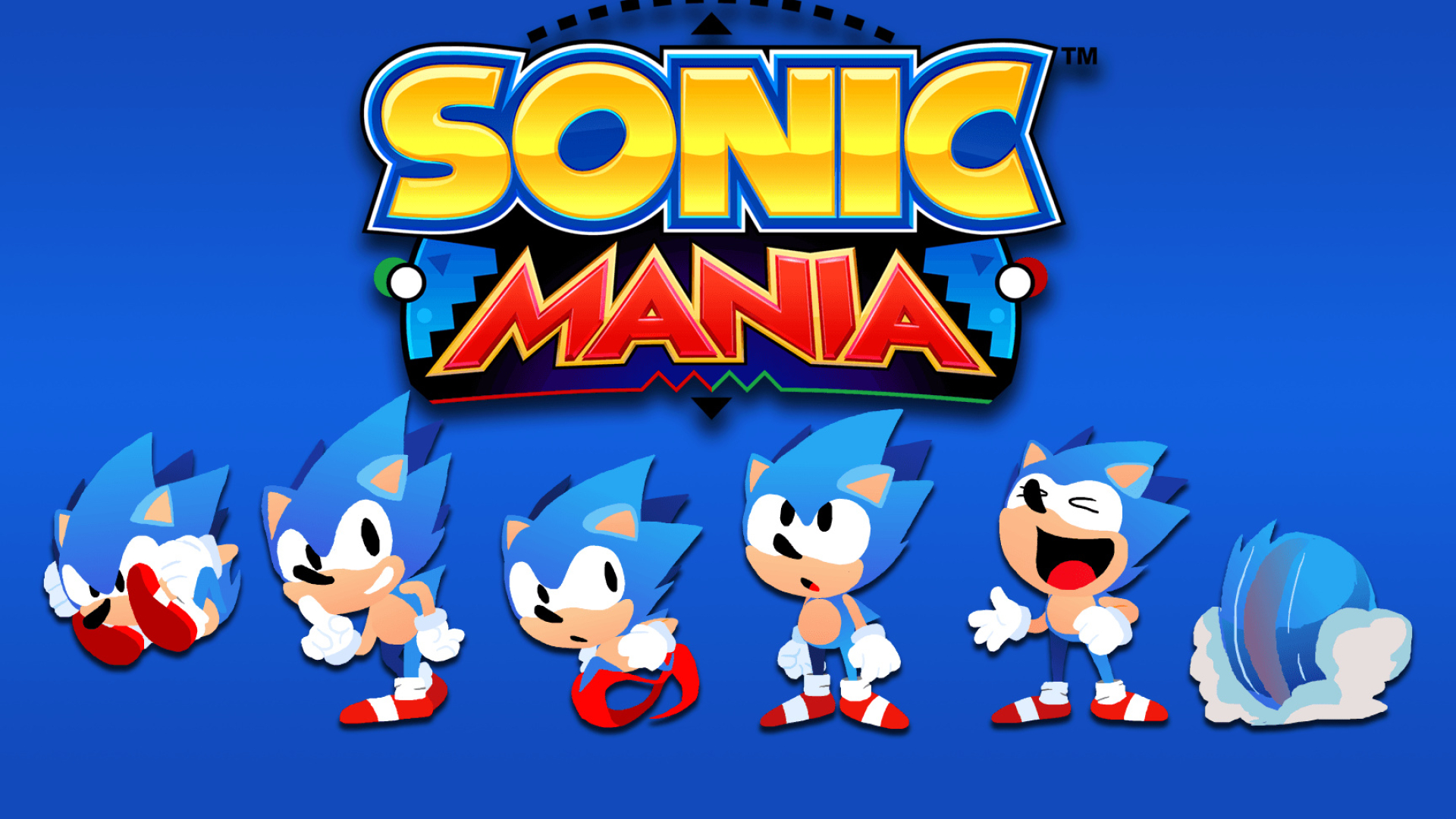 Sonic Mania logo, Sonic the Hedgehog idle poses, Spin dash ball, Blue gradient backdrop, Full HD Desktop wallpaper