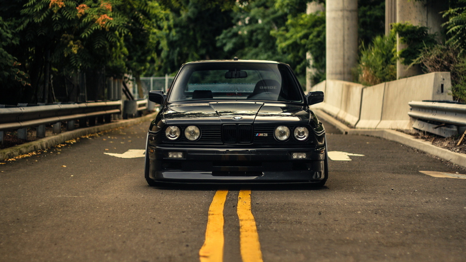 black BMW E30 M3, Bride racing seat, double yellow road lines, Full HD Desktop wallpaper