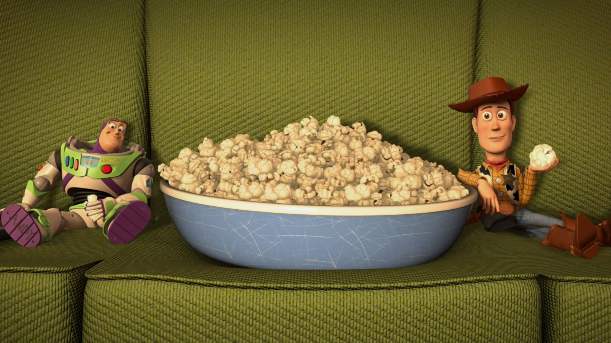 Toy Story (Animation), Popcorn and toy figures, Movie wallpaper, Pixar animation, 2050x1160 HD Desktop