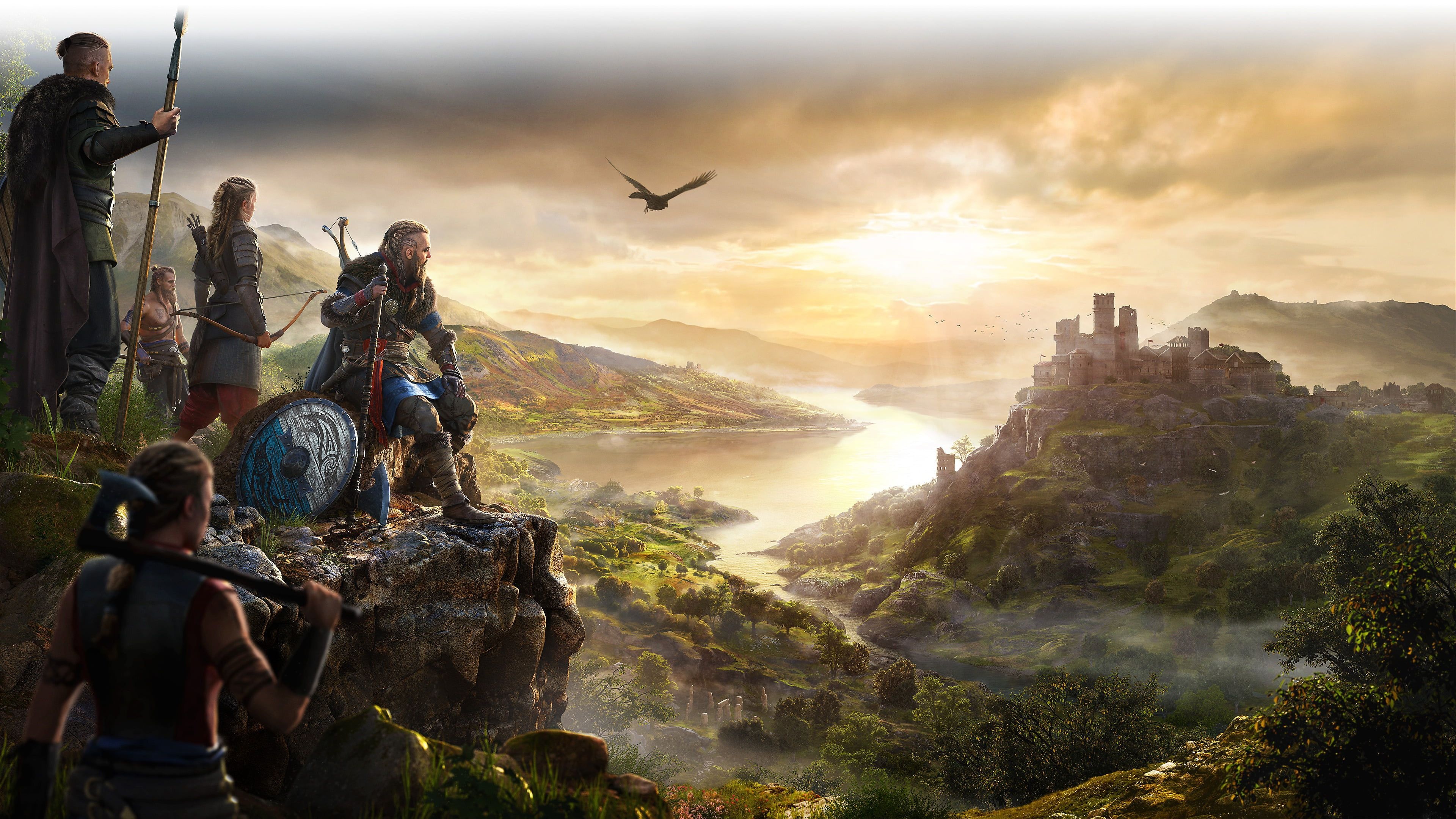 Assassin's Creed Valhalla Eivor, Synin raven in flight, Medieval Anglo-Saxon fortress, Sunlit English river valley, 4K Desktop wallpaper