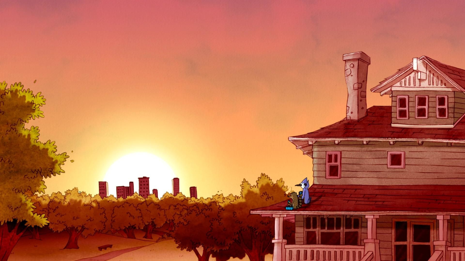 Mordecai and Rigby on the roof, Park house at sunset, City skyline silhouette, Regular Show, Full HD Desktop wallpaper