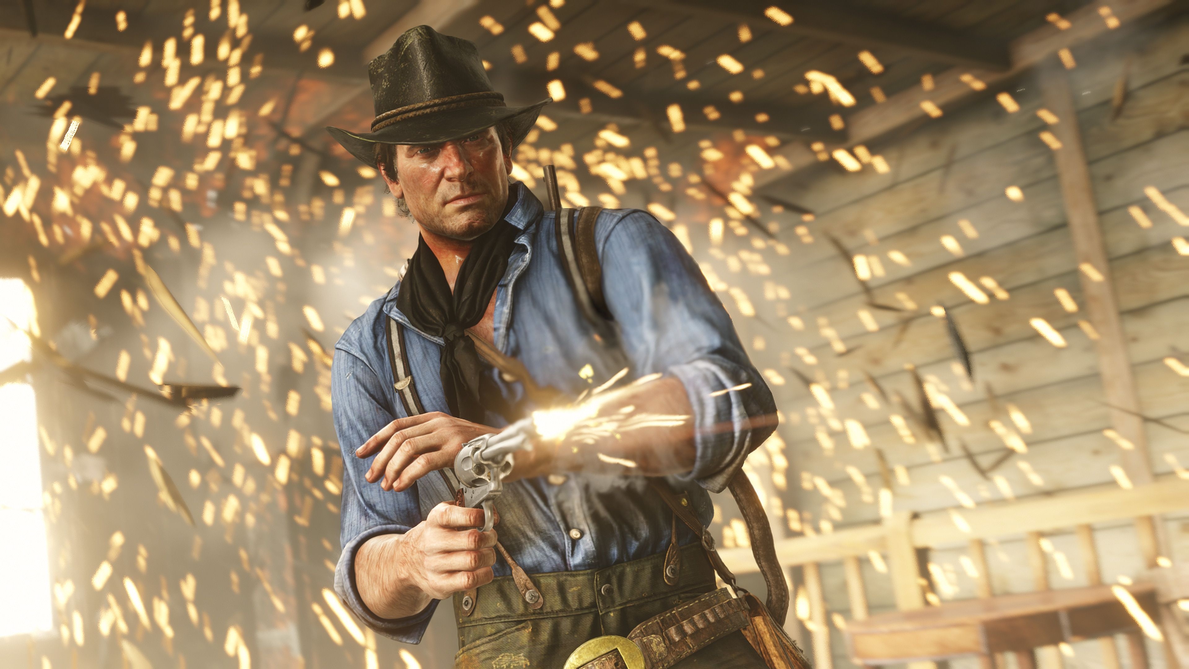 Arthur Morgan, firing Cattleman Revolver, flying wood splinters, 4K Desktop wallpaper