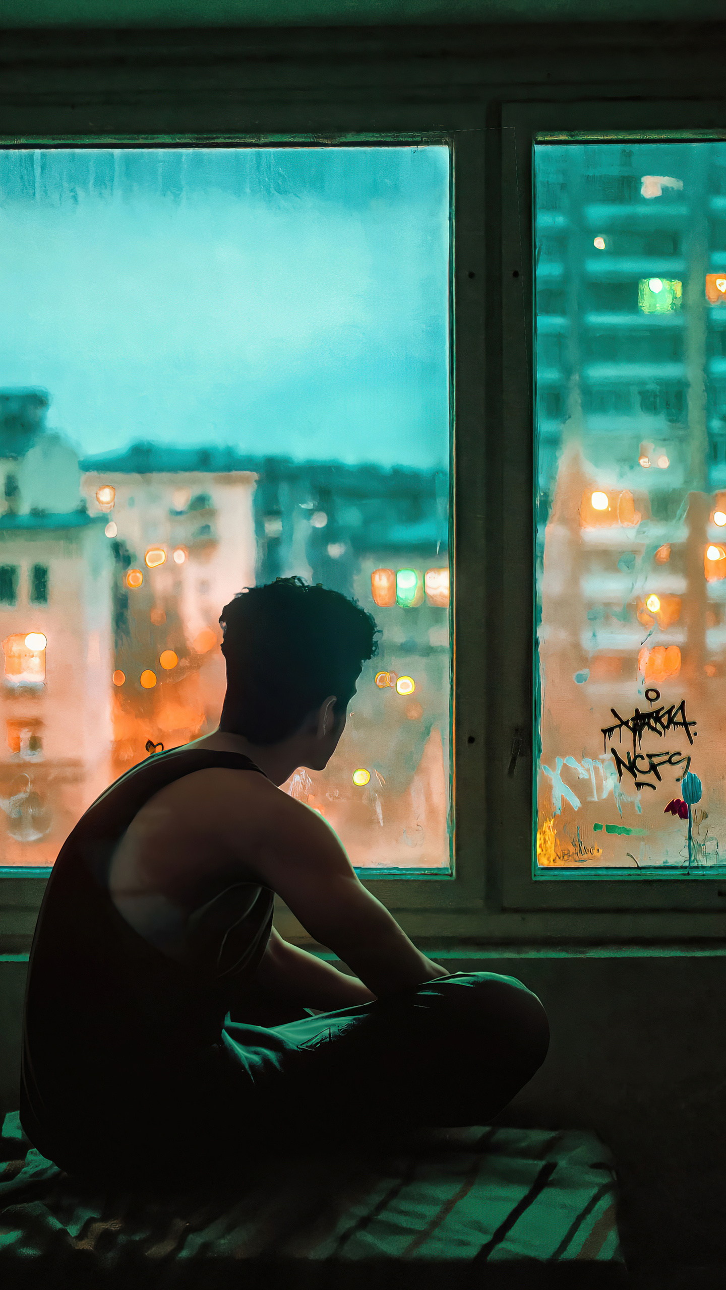 Man looking out window, Graffiti on window glass, Blurred rainy city lights, HD Phone wallpaper