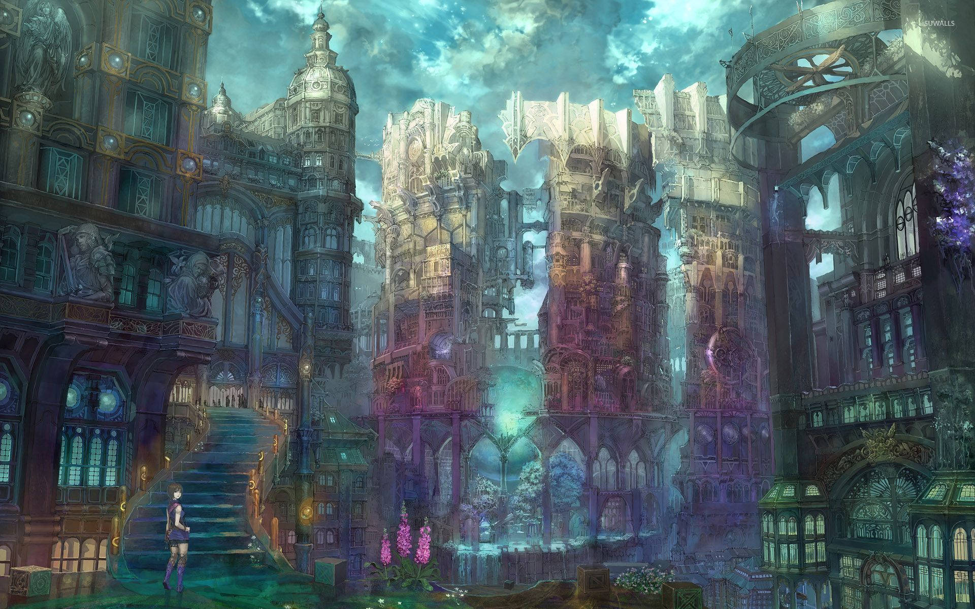 anime girl on staircase, intricate fantasy steampunk metropolis, gothic towers and arches, HD Desktop wallpaper
