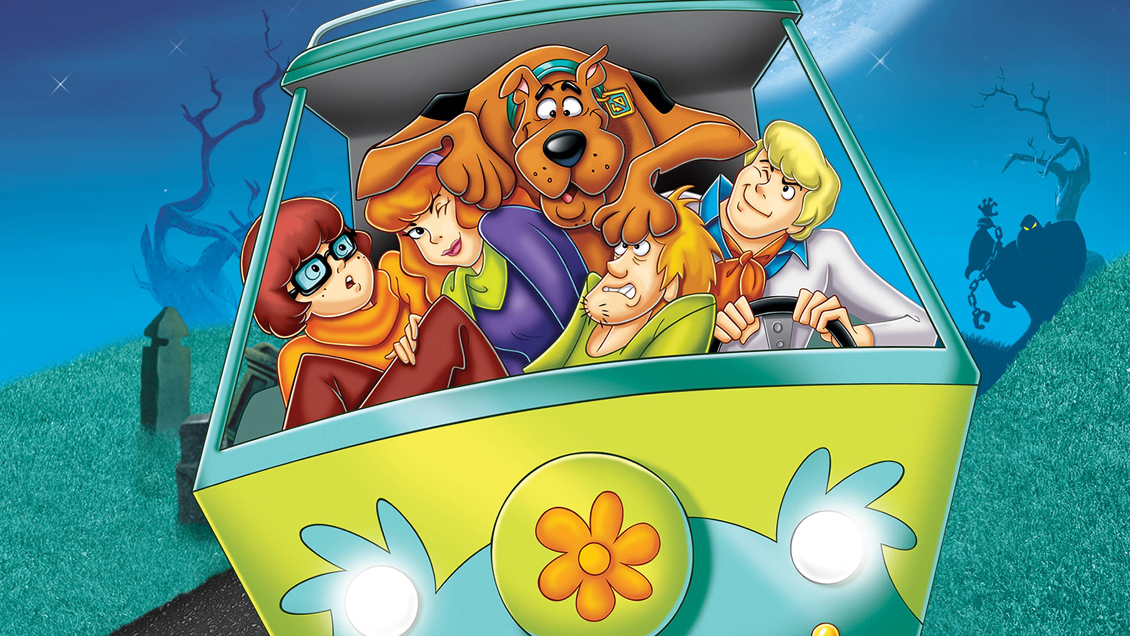 The Mystery Machine, Scooby-Doo, Mystery Inc. gang, spooky graveyard, 4K Desktop wallpaper