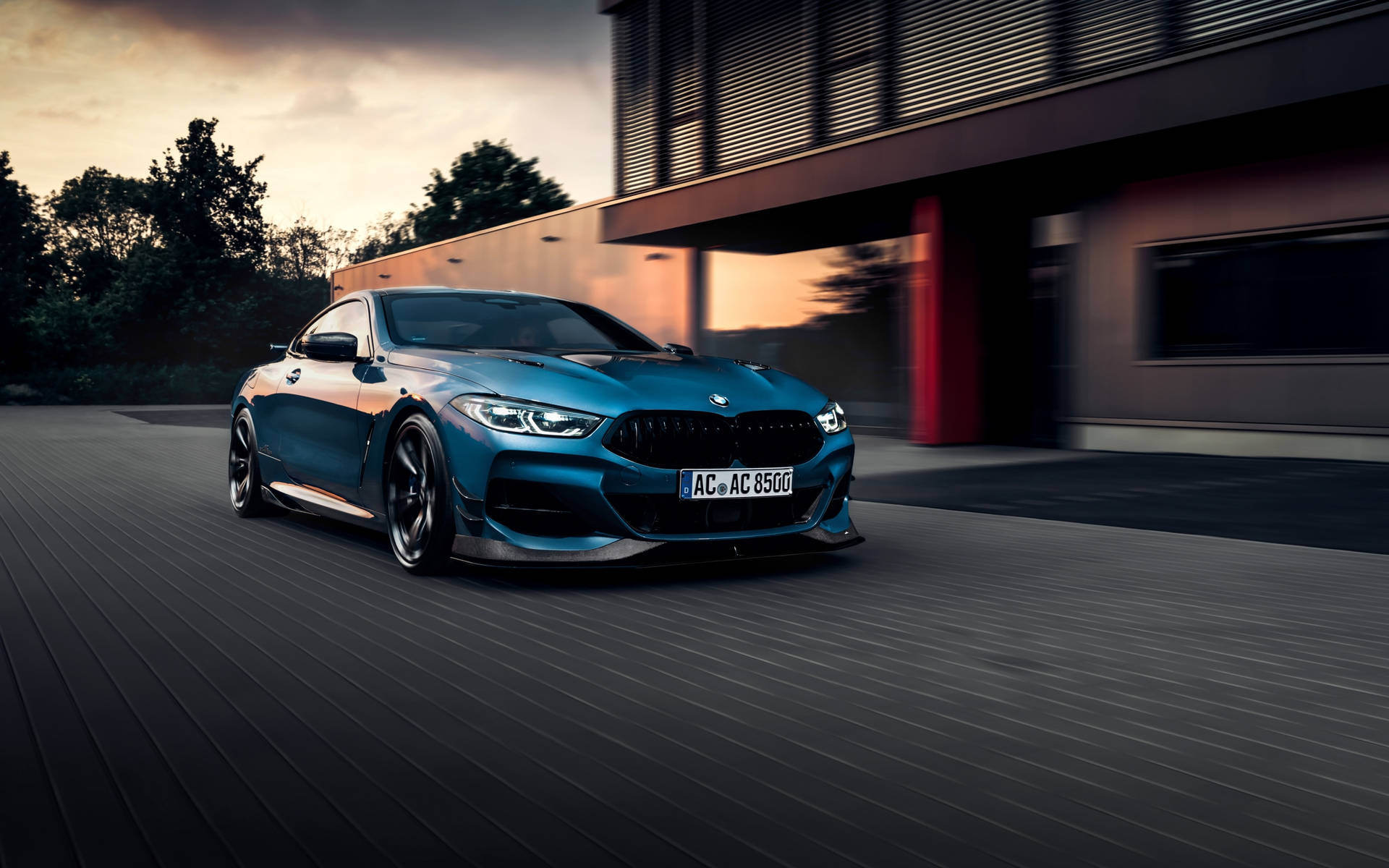 AC Schnitzer BMW 8 Series Coupe, Modern architectural building, Motion blur paved road, HD Desktop wallpaper
