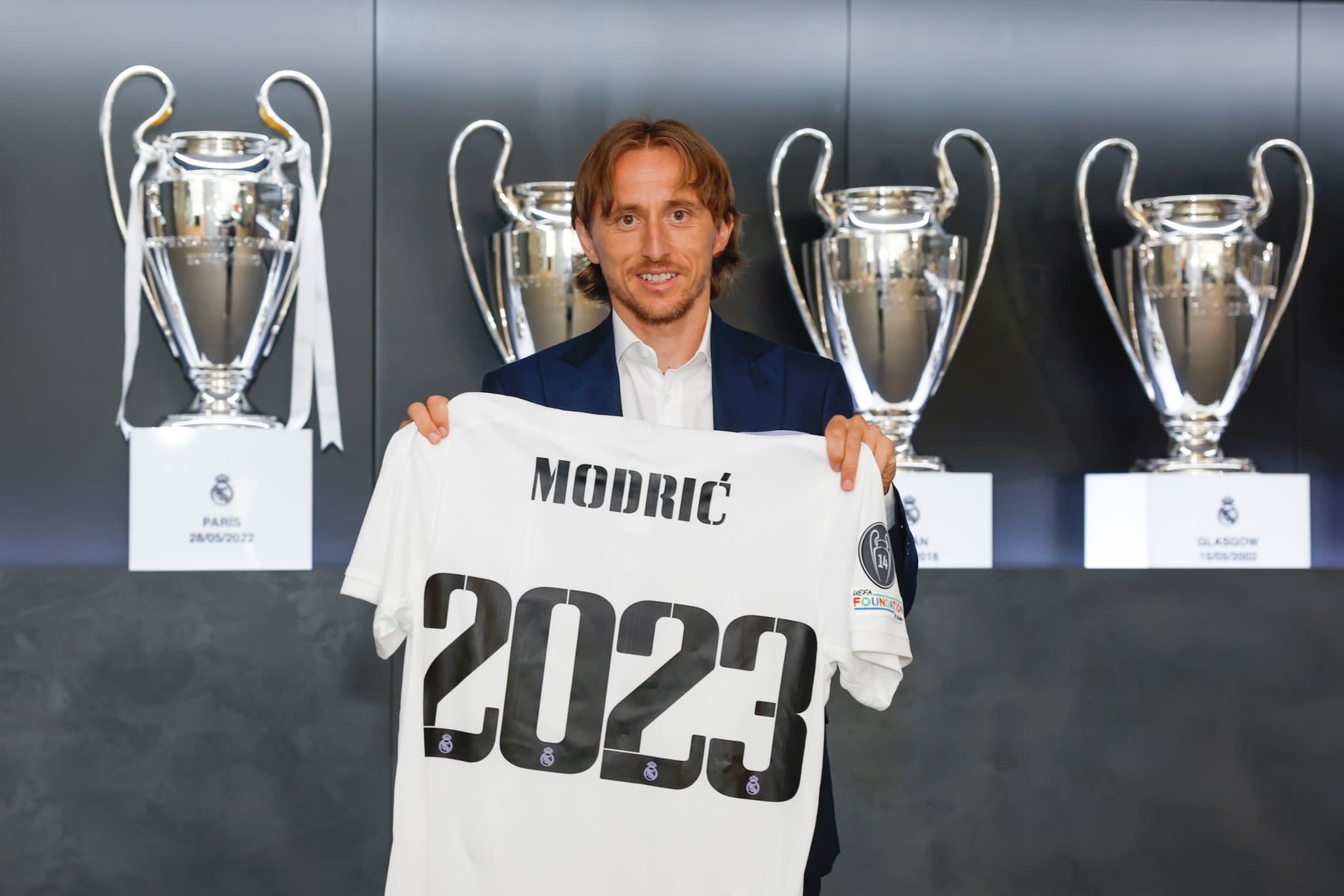 Luka Modric, Real Madrid jersey, UEFA Champions League trophies, HD Desktop wallpaper