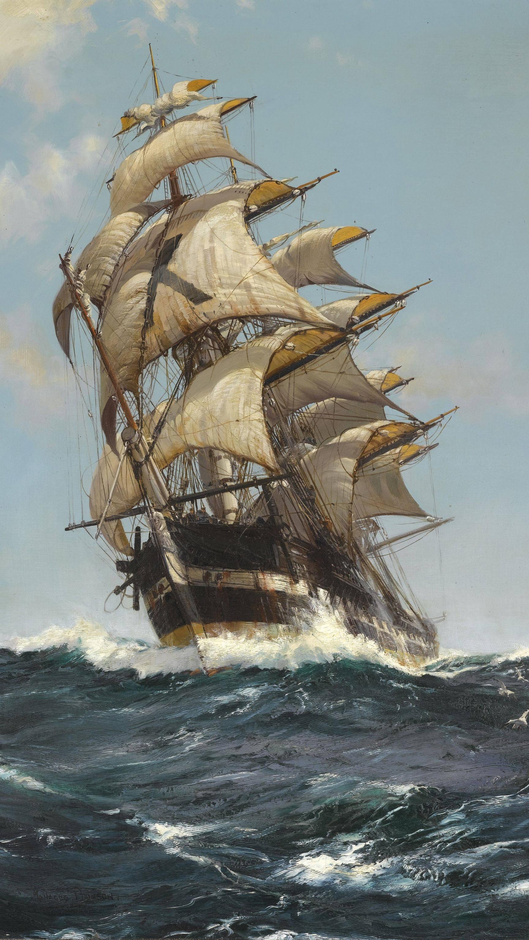 Montague Dawson painting, Full-rigged clipper ship, Churning ocean waves, HD Phone wallpaper