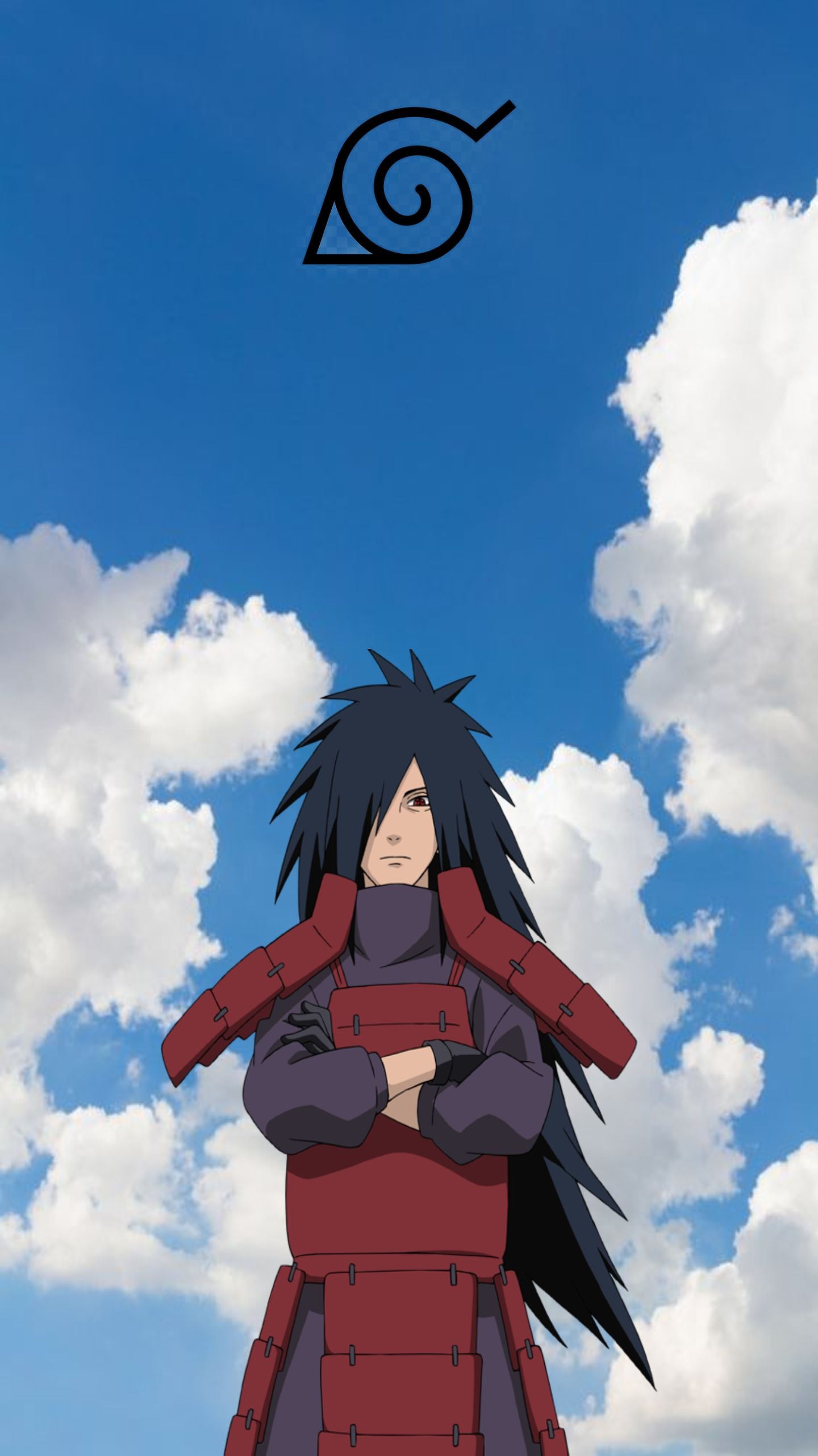Madara Uchiha, Konohagakure symbol, blue sky and clouds, HD Phone wallpaper