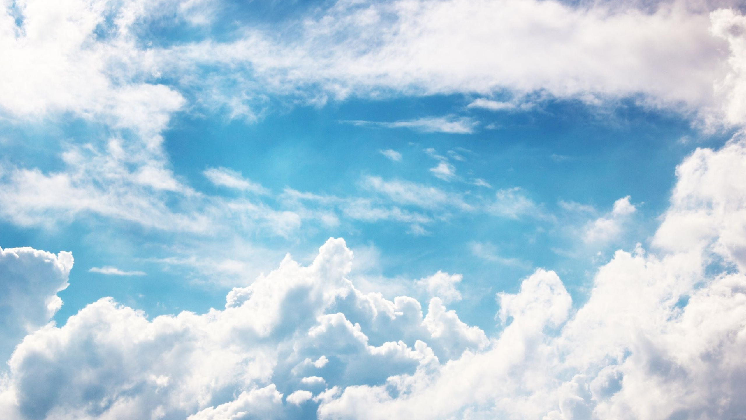 White cumulus clouds, Bright blue daytime sky, Sunlight lens flare, HD Desktop wallpaper