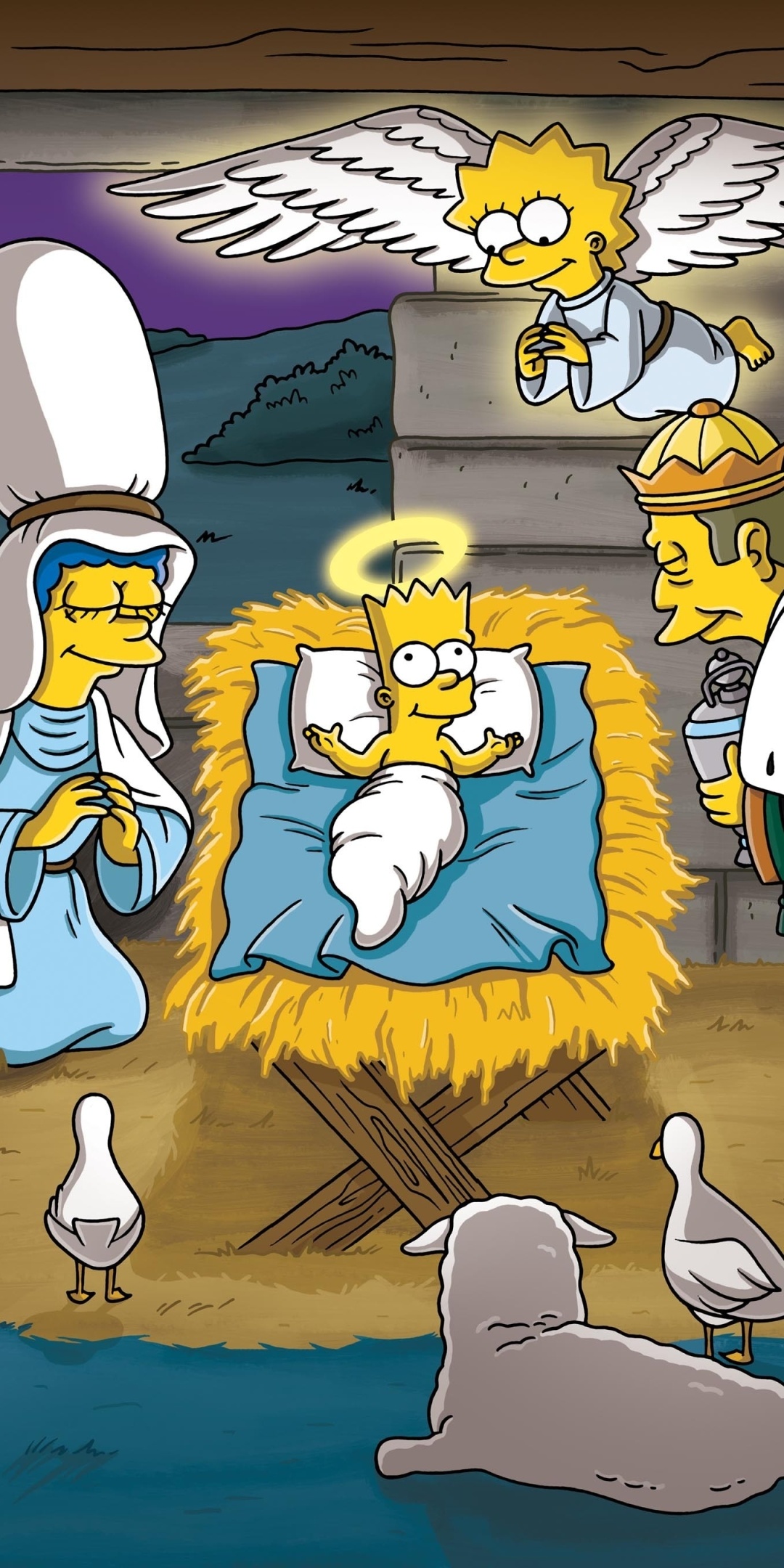 Bart Simpson in manger, Marge Simpson Virgin Mary, Lisa Simpson angel, Homer Simpson Wise Man, HD Phone wallpaper