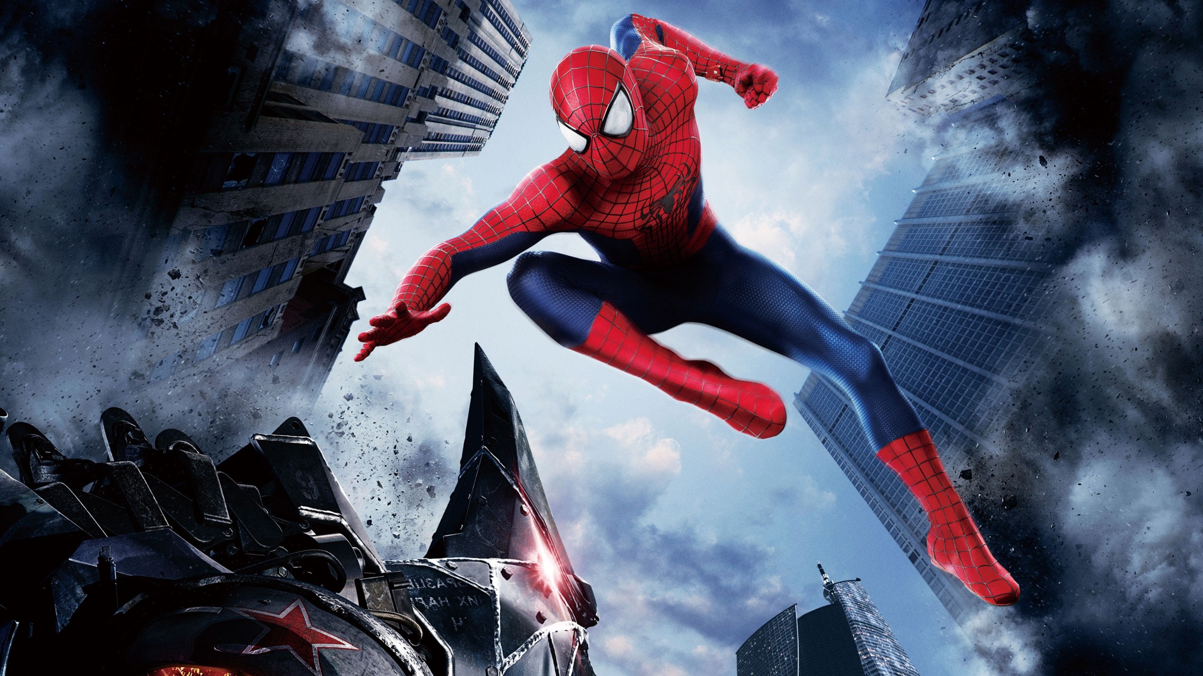 The Amazing Spider-Man, Rhino mechanized armor, New York City skyscrapers, 4K Desktop wallpaper