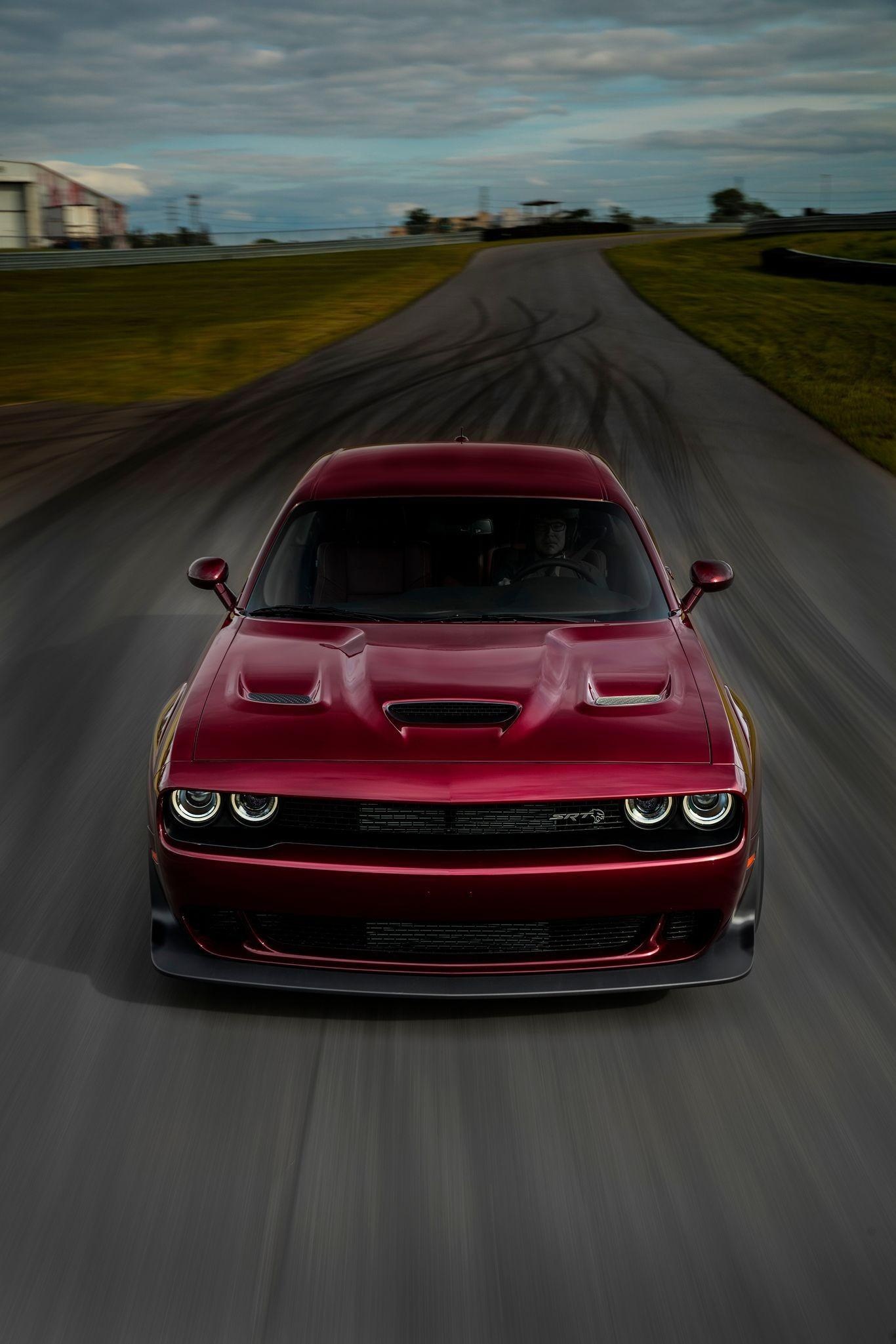 Dodge Challenger SRT Hellcat, asphalt racetrack skid marks, Octane Red exterior, HD Phone wallpaper