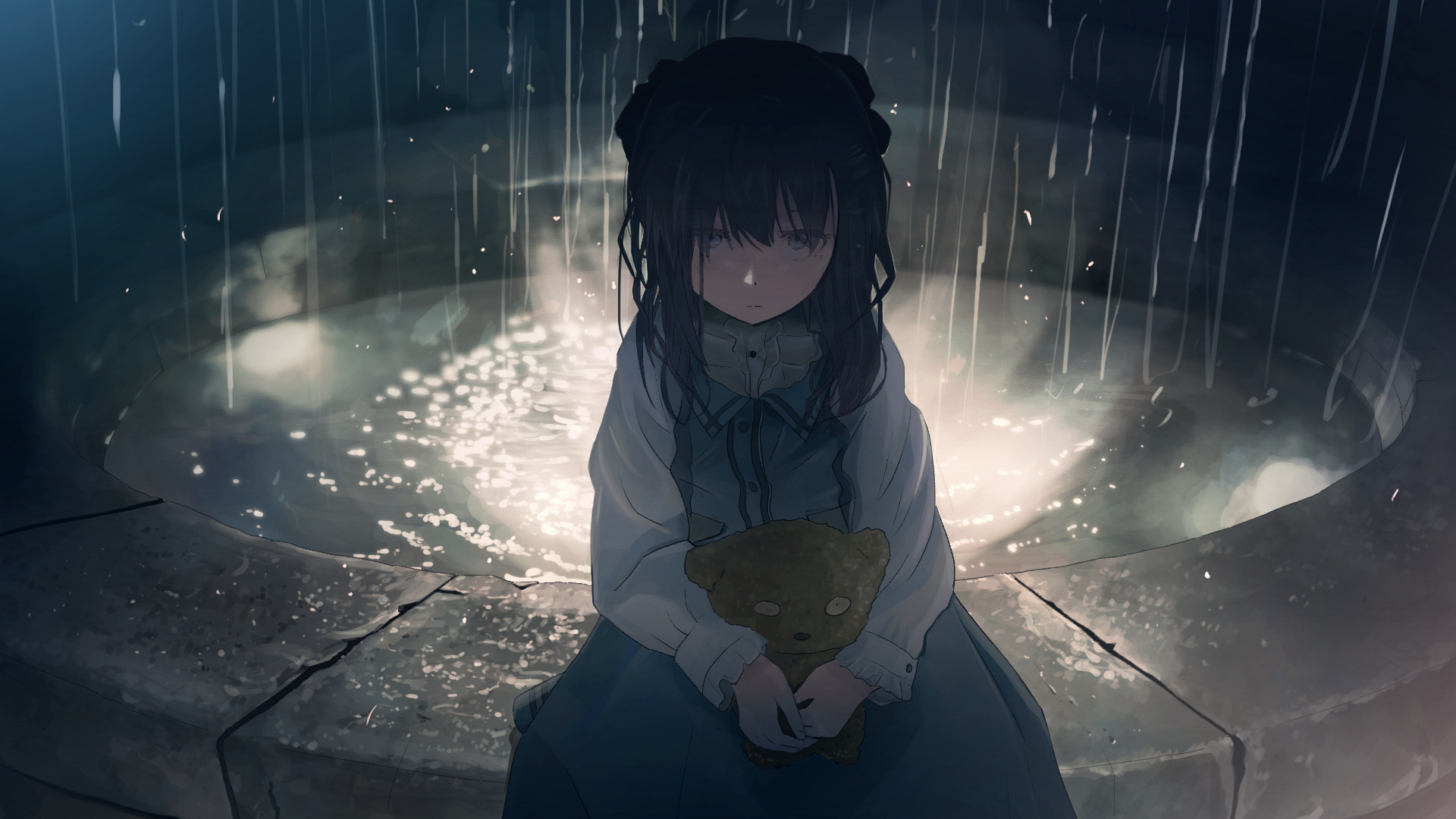 Sad dark-haired anime girl, Brown stuffed teddy bear, Illuminated rainy stone fountain, Full HD Desktop wallpaper