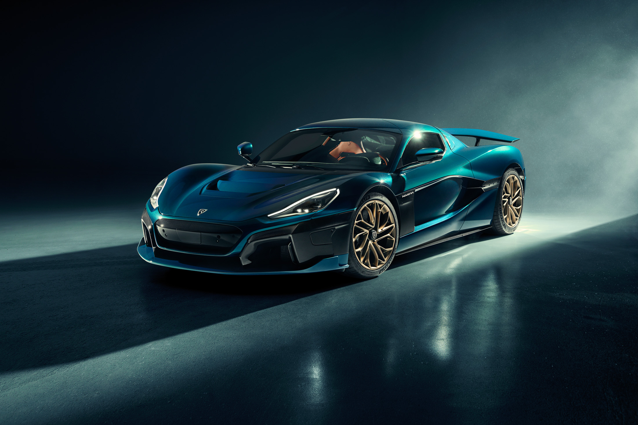 Rimac Nevera, bronze alloy wheels, dark studio lighting, HD Desktop wallpaper