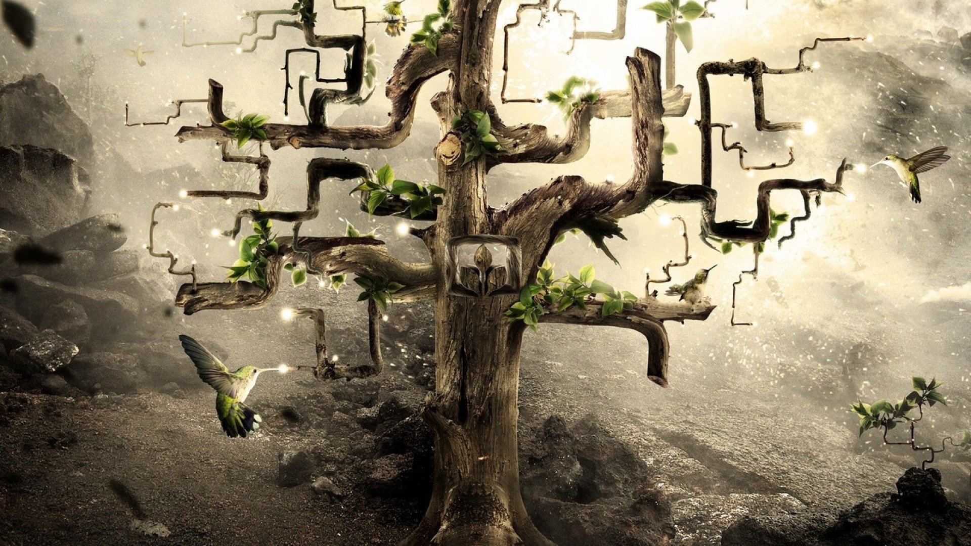 surreal circuit tree, hovering hummingbirds, barren rocky landscape, Full HD Desktop wallpaper
