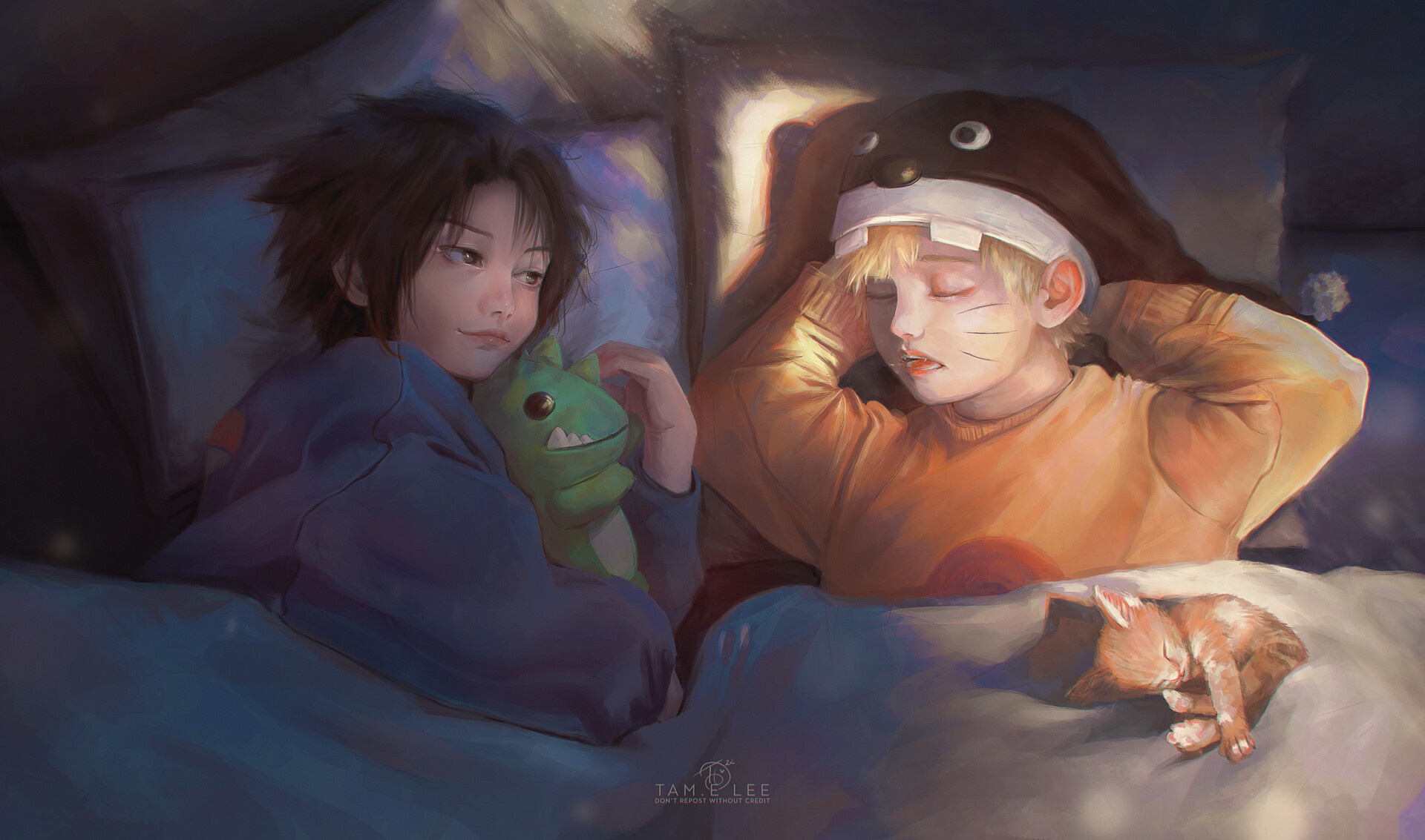 young Sasuke Uchiha, young Naruto Uzumaki, sleeping orange kitten, green dinosaur plush, HD Desktop wallpaper