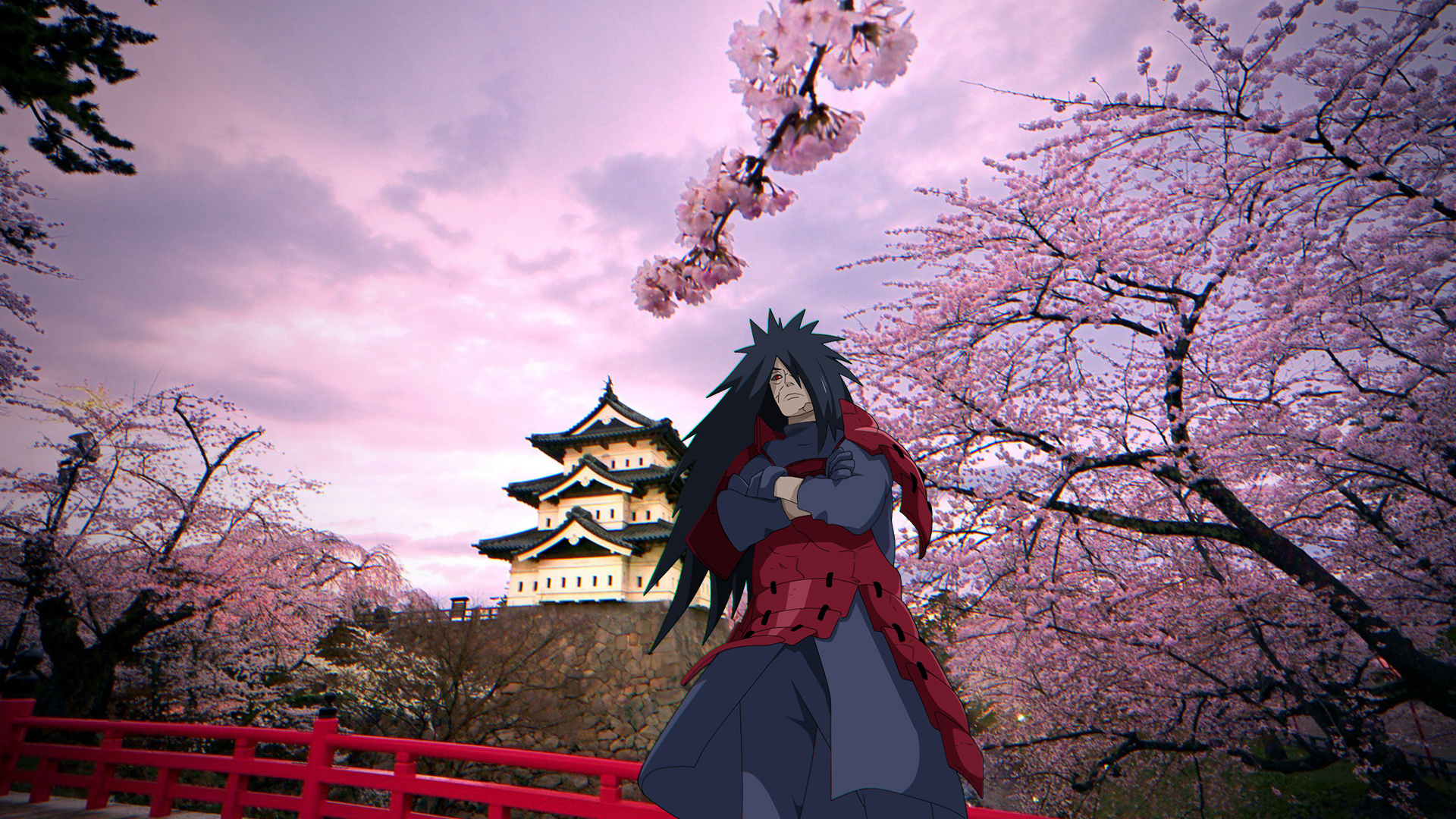 Madara Uchiha, Hirosaki Castle, cherry blossom trees, Full HD Desktop wallpaper