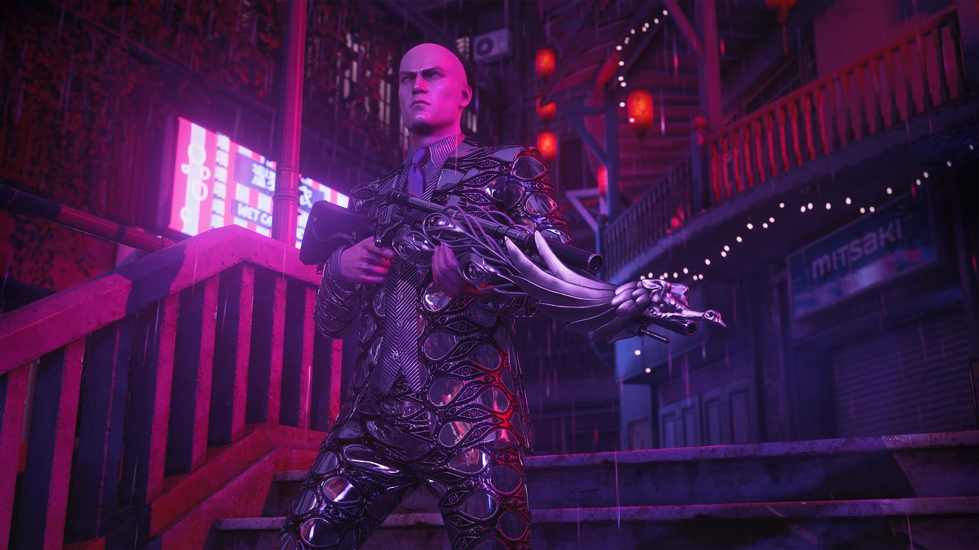 Agent 47 Narcissus Suit, The Majestic sniper rifle, Hitman 3 Chongqing alley, Full HD Desktop wallpaper