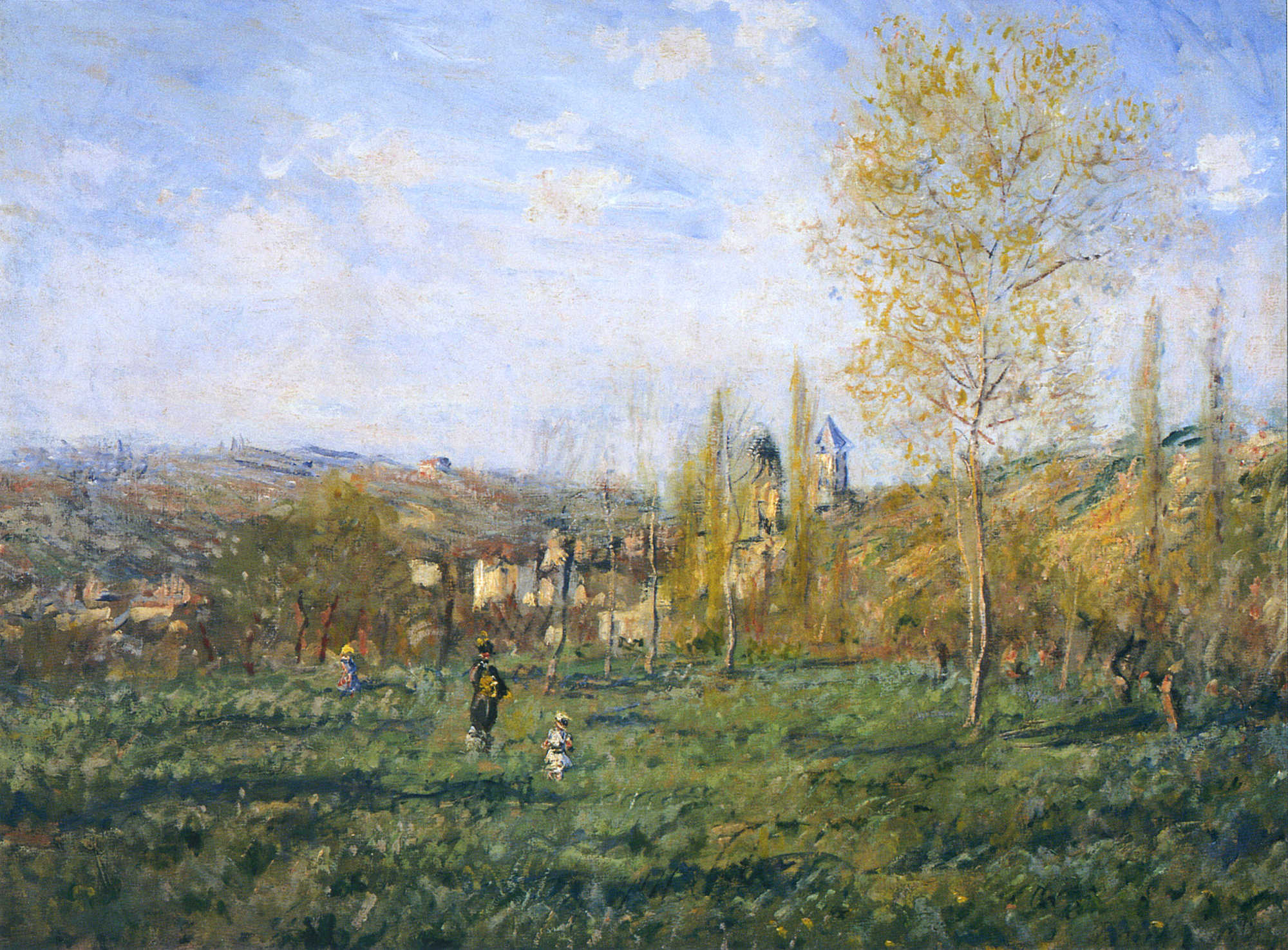 Claude Monet landscape painting, strolling mother and child, distant French village church, HD Desktop wallpaper