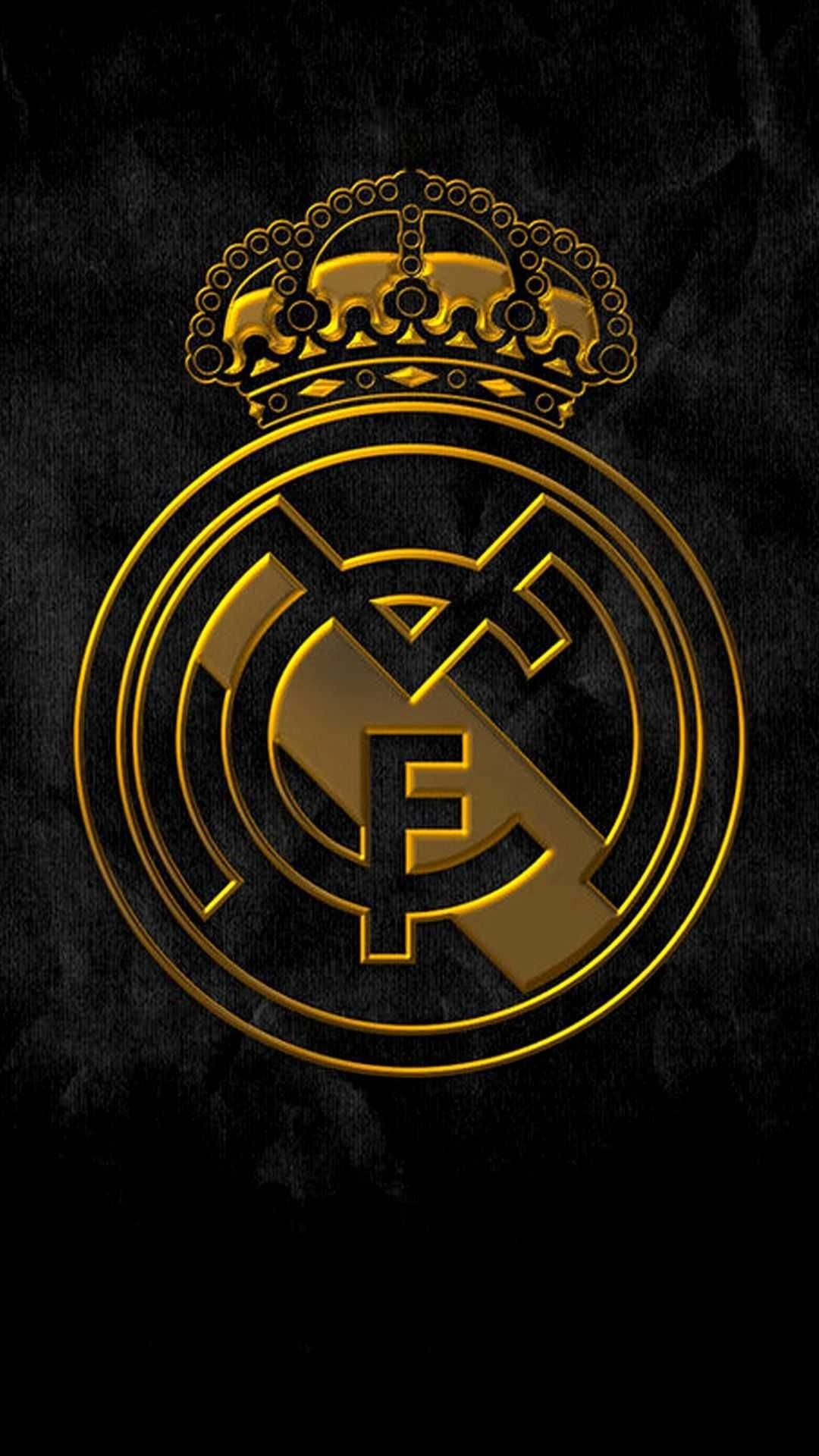 Real Madrid C.F. crest, golden royal crown, black grunge texture, Full HD Phone wallpaper