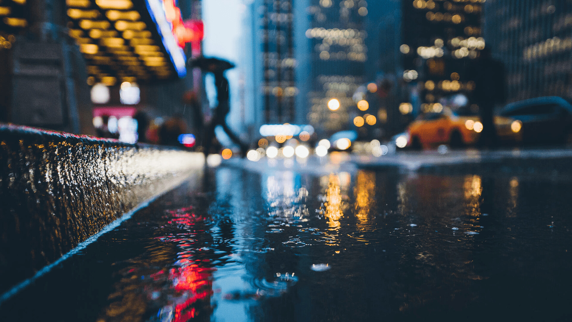 Urban rain, City vibe, Rain-soaked streets, Atmospheric view, 1920x1080 Full HD Desktop