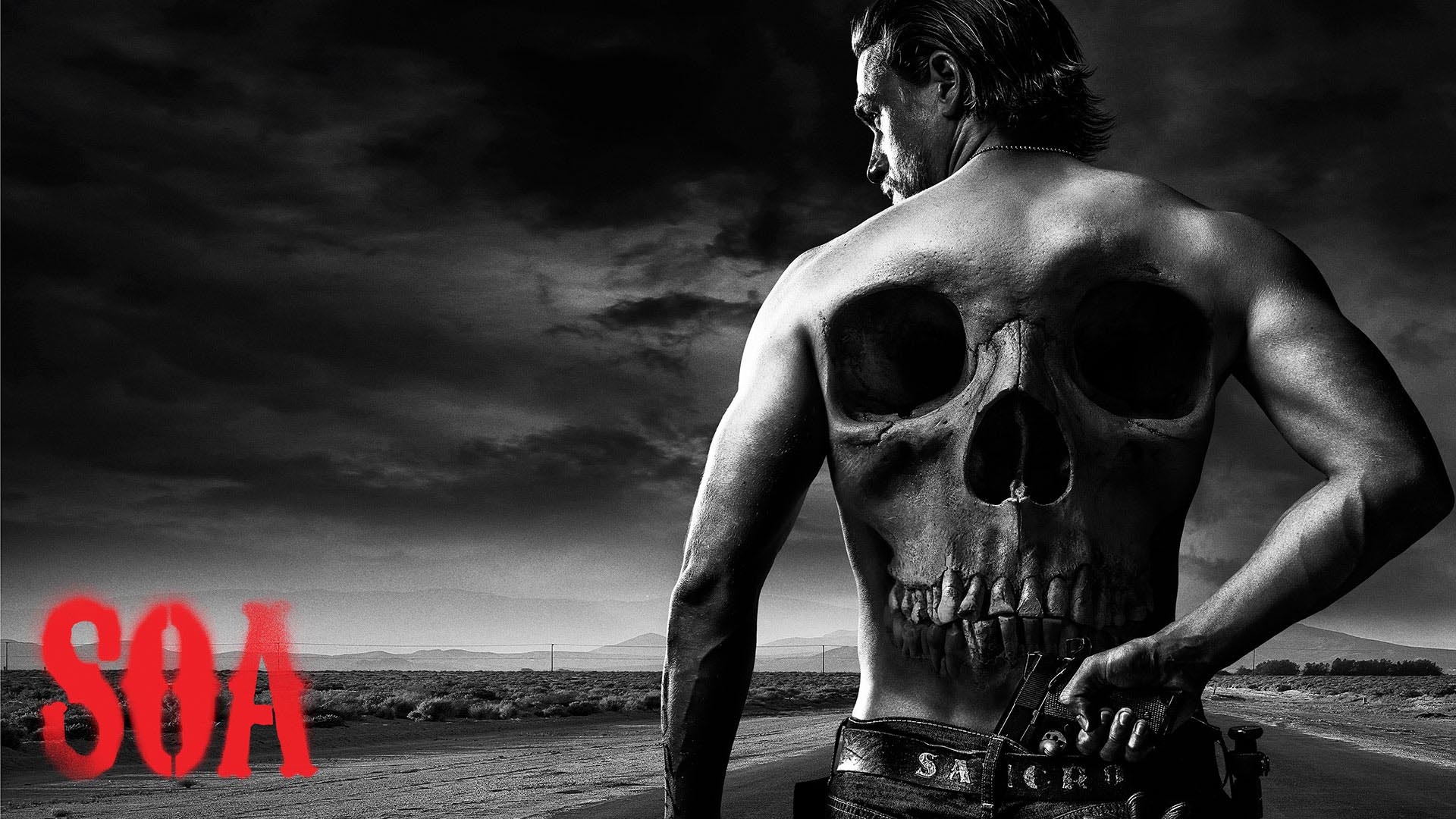 Charlie Hunnam as Jax Teller, Human skull back graphic, Red SOA title logo, Full HD Desktop wallpaper