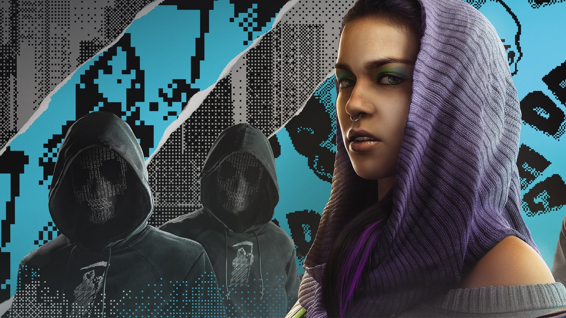 Sitara Dhawan, masked DedSec hackers, DedSec pixel skull art, Full HD Desktop wallpaper